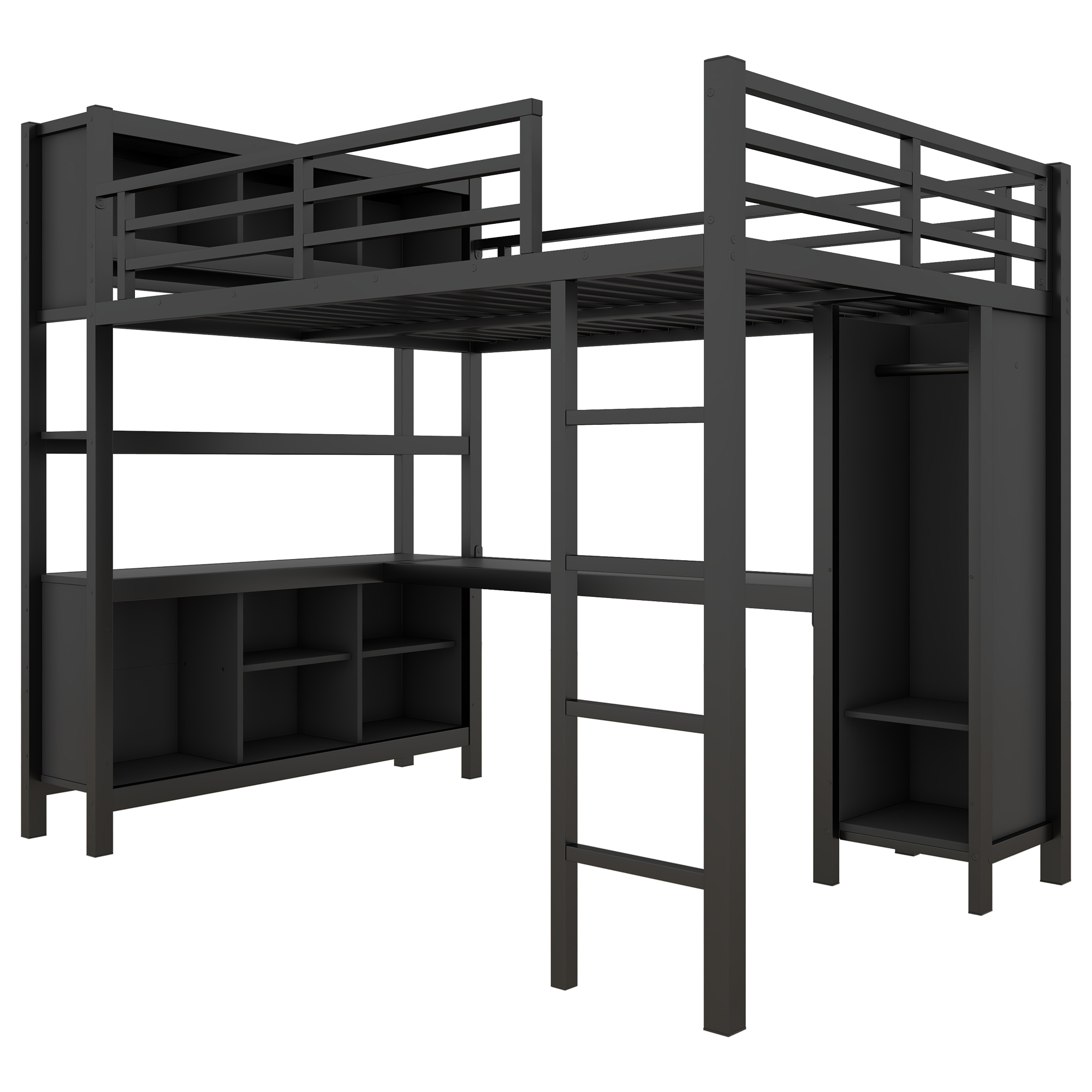 Metal Loft Bed with Wardrobe And L-shaped Desk, Full Size Loft Bed with Storage Cubes and Shelves, Heavy Duty Loft Bed for Kids Teens Adults, Black - Image 5