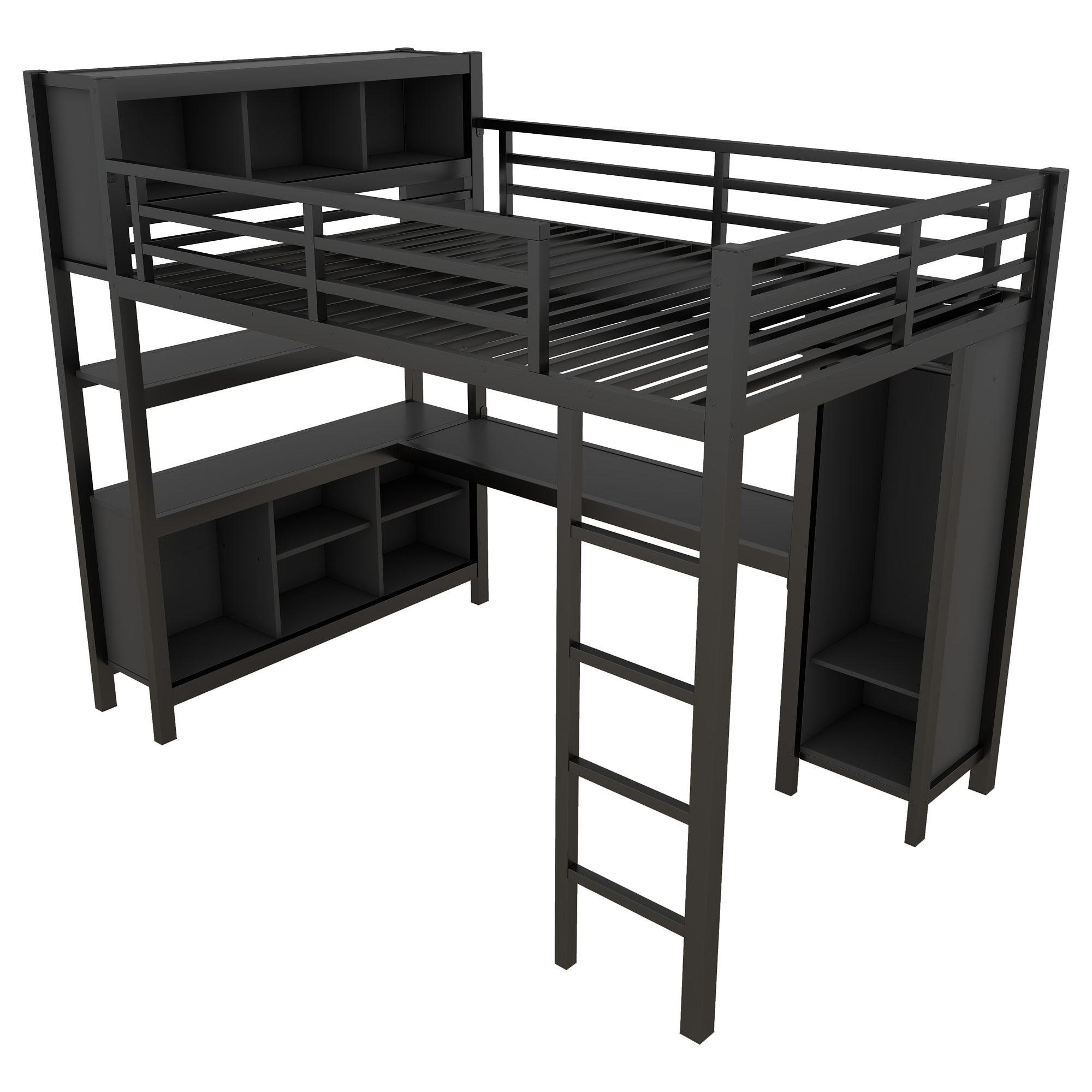 Metal Loft Bed with Wardrobe And L-shaped Desk, Full Size Loft Bed with Storage Cubes and Shelves, Heavy Duty Loft Bed for Kids Teens Adults, Black - Image 6