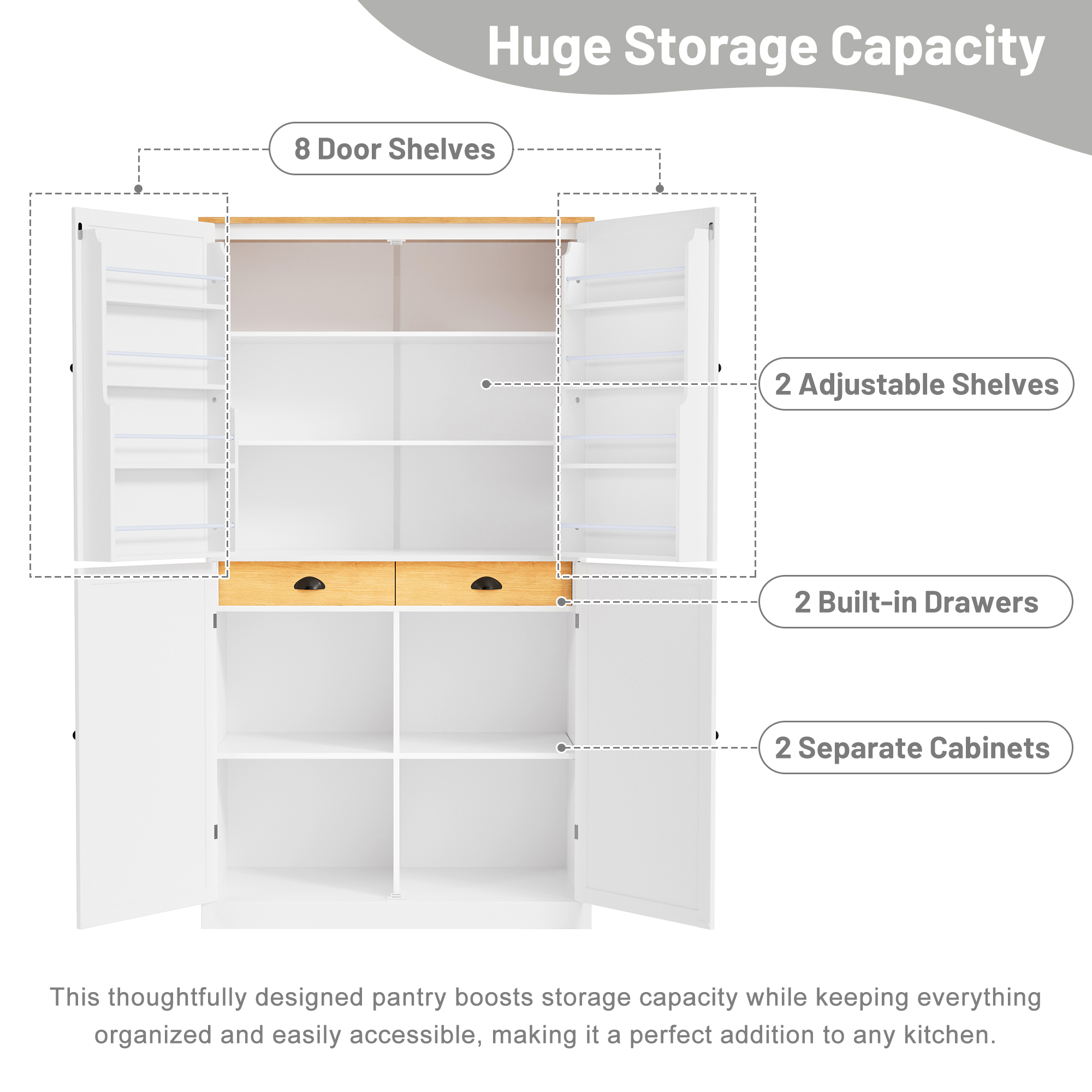 [Assembly Video Provided]TOPMAX 40.2x20x71.3inch High Freestanding Kitchen Pantry Large Cupboard Storage Cabinet with 2 Drawers, 2 Adjustable Shelves, 8 Door Shelves for Kitchen, Dining Room,White - Image 4