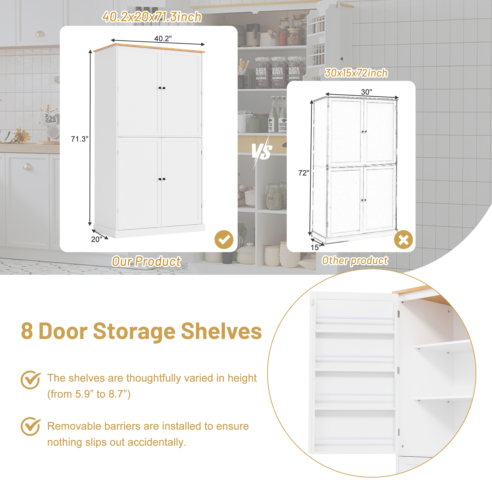 [Assembly Video Provided]TOPMAX 40.2x20x71.3inch High Freestanding Kitchen Pantry Large Cupboard Storage Cabinet with 2 Drawers, 2 Adjustable Shelves, 8 Door Shelves for Kitchen, Dining Room,White - Image 5