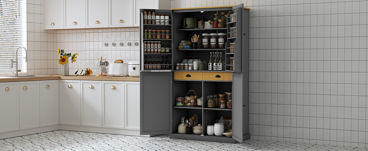 [Assembly Video Provided]TOPMAX 40.2x20x71.3inch High Freestanding Kitchen Pantry Large Cupboard Storage Cabinet with 2 Drawers, 2 Adjustable Shelves, 8 Door Shelves for Kitchen, Dining Room,Gray - Image 2