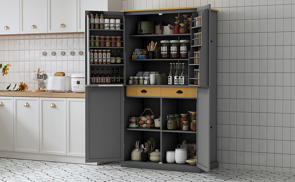 [Assembly Video Provided]TOPMAX 40.2x20x71.3inch High Freestanding Kitchen Pantry Large Cupboard Storage Cabinet with 2 Drawers, 2 Adjustable Shelves, 8 Door Shelves for Kitchen, Dining Room,Gray - Image 3