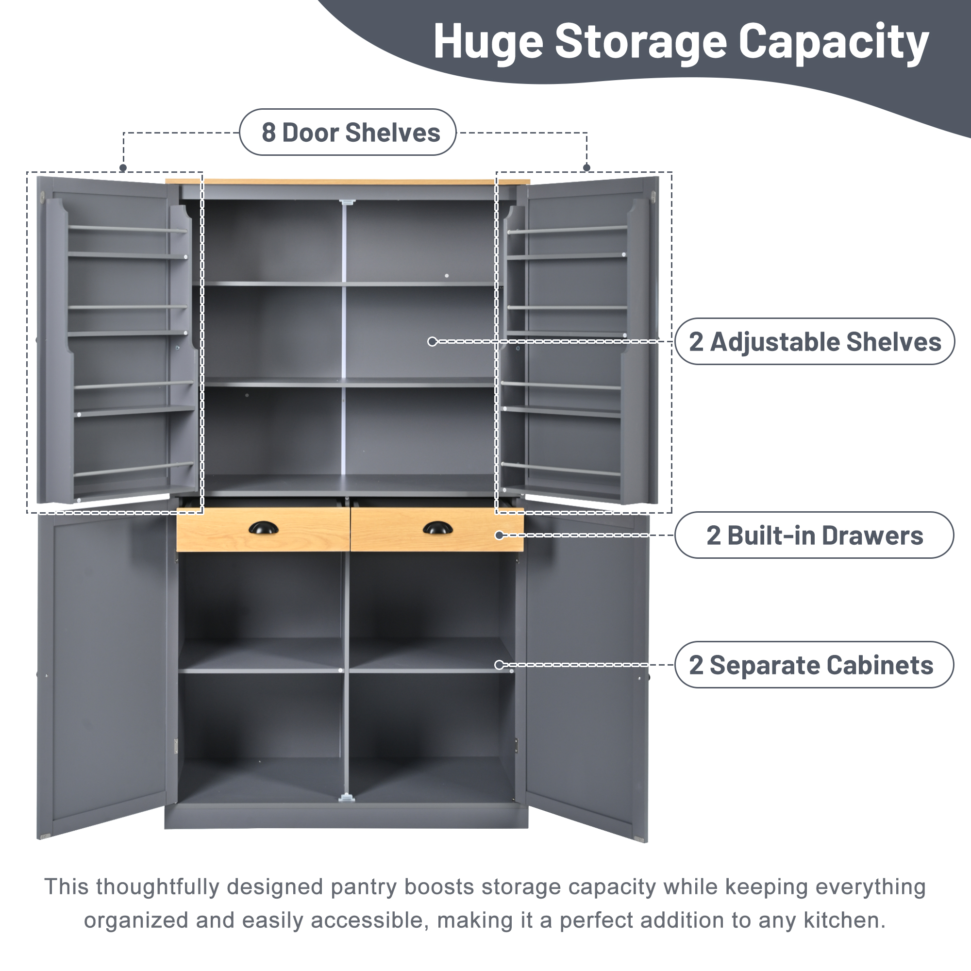 [Assembly Video Provided]TOPMAX 40.2x20x71.3inch High Freestanding Kitchen Pantry Large Cupboard Storage Cabinet with 2 Drawers, 2 Adjustable Shelves, 8 Door Shelves for Kitchen, Dining Room,Gray - Image 4