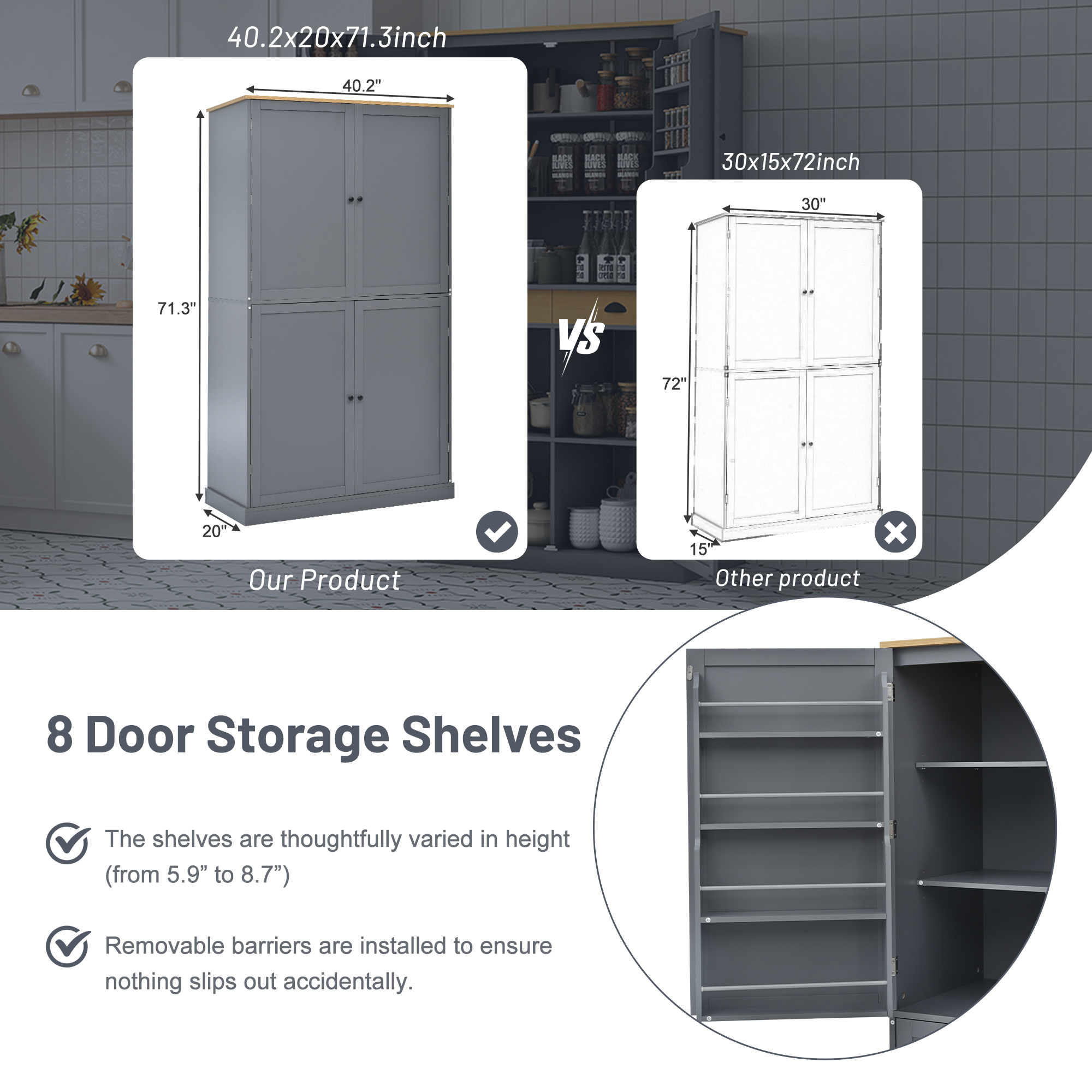 [Assembly Video Provided]TOPMAX 40.2x20x71.3inch High Freestanding Kitchen Pantry Large Cupboard Storage Cabinet with 2 Drawers, 2 Adjustable Shelves, 8 Door Shelves for Kitchen, Dining Room,Gray - Image 5