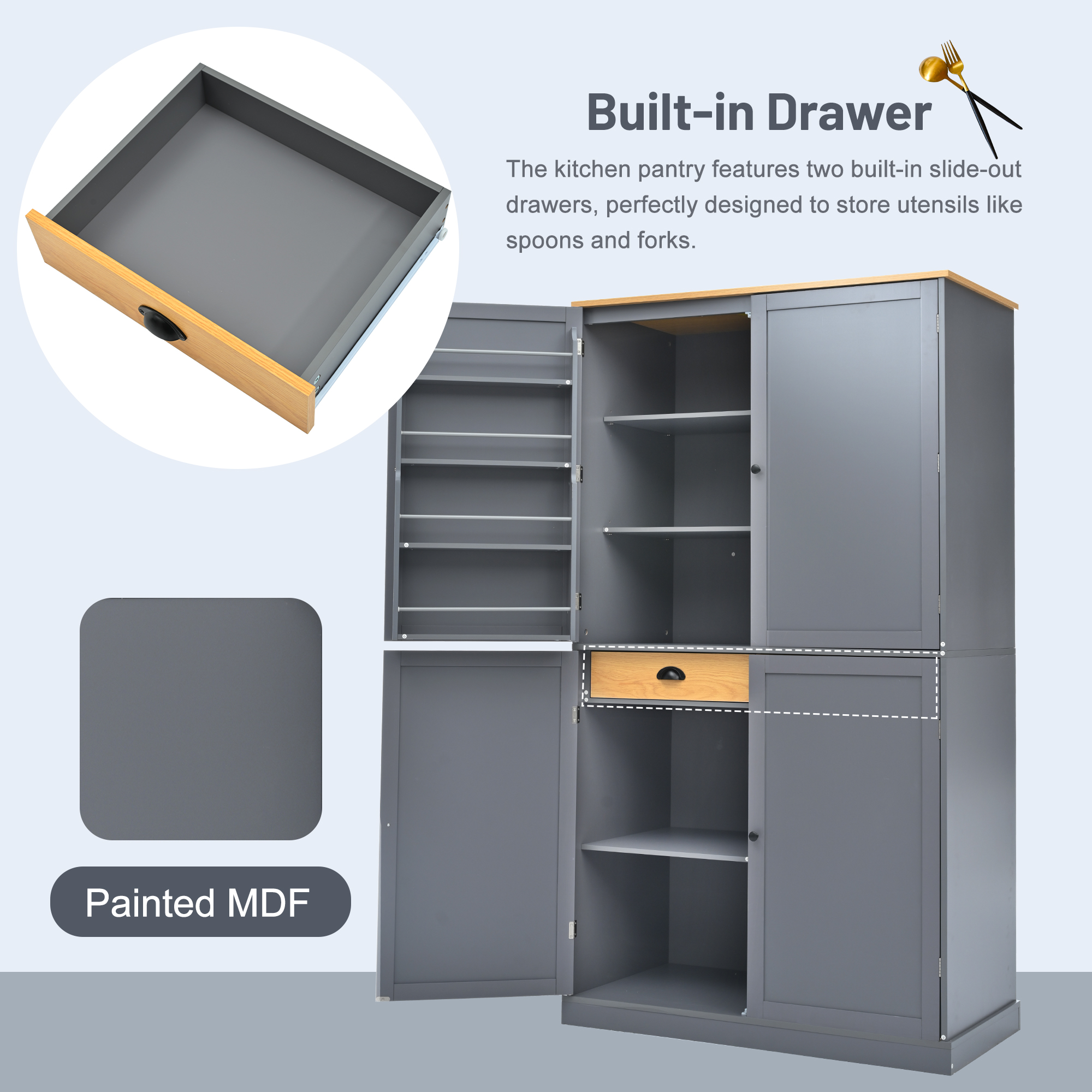 [Assembly Video Provided]TOPMAX 40.2x20x71.3inch High Freestanding Kitchen Pantry Large Cupboard Storage Cabinet with 2 Drawers, 2 Adjustable Shelves, 8 Door Shelves for Kitchen, Dining Room,Gray - Image 6