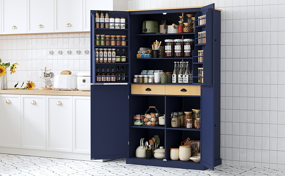 [Assembly Video Provided]TOPMAX 40.2x20x71.3inch High Freestanding Kitchen Pantry Large Cupboard Storage Cabinet with 2 Drawers, 2 Adjustable Shelves, 8 Door Shelves for Kitchen, Dining Room,Blue - Image 2