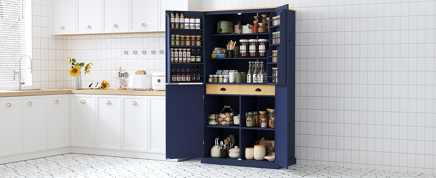 [Assembly Video Provided]TOPMAX 40.2x20x71.3inch High Freestanding Kitchen Pantry Large Cupboard Storage Cabinet with 2 Drawers, 2 Adjustable Shelves, 8 Door Shelves for Kitchen, Dining Room,Blue - Image 3