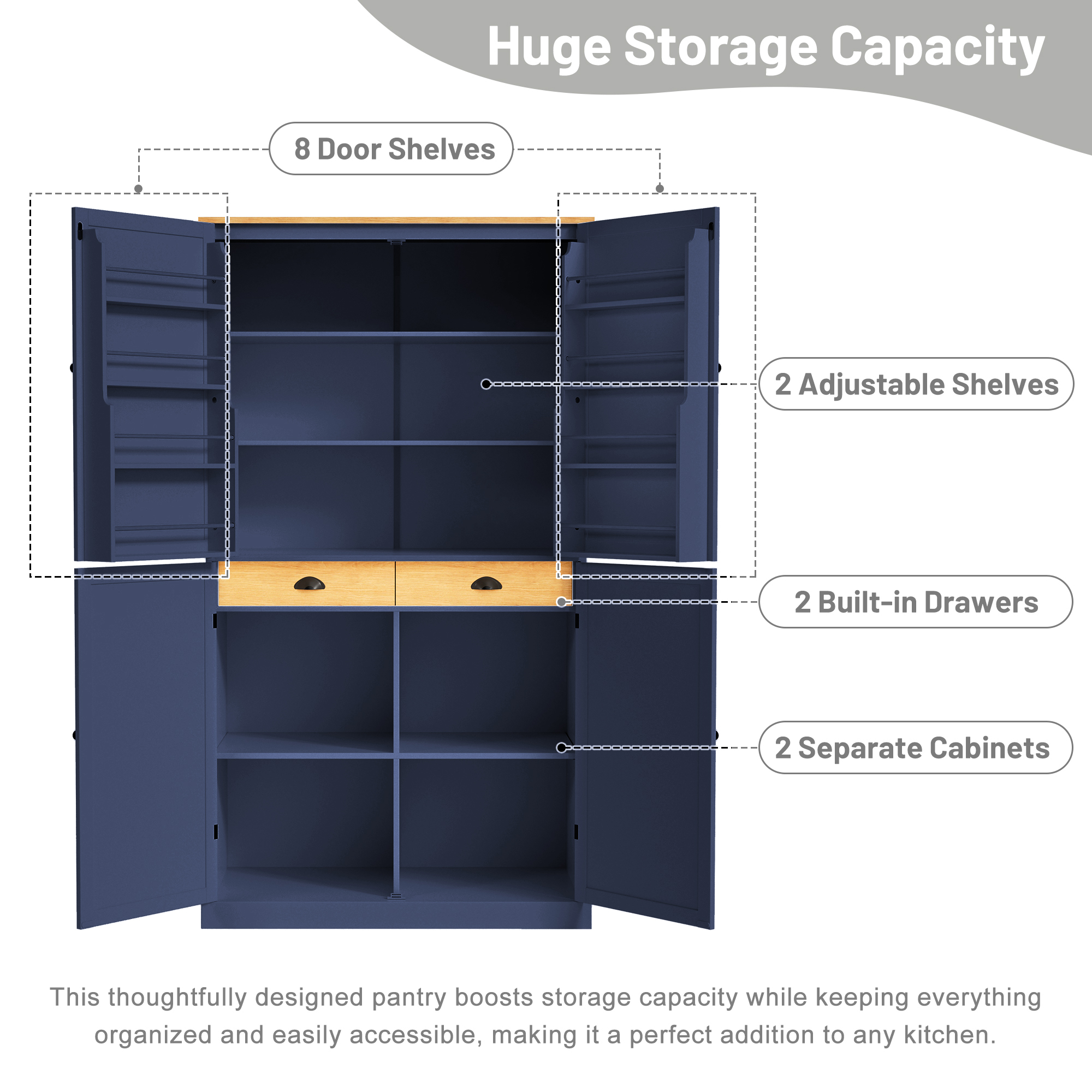 [Assembly Video Provided]TOPMAX 40.2x20x71.3inch High Freestanding Kitchen Pantry Large Cupboard Storage Cabinet with 2 Drawers, 2 Adjustable Shelves, 8 Door Shelves for Kitchen, Dining Room,Blue - Image 4