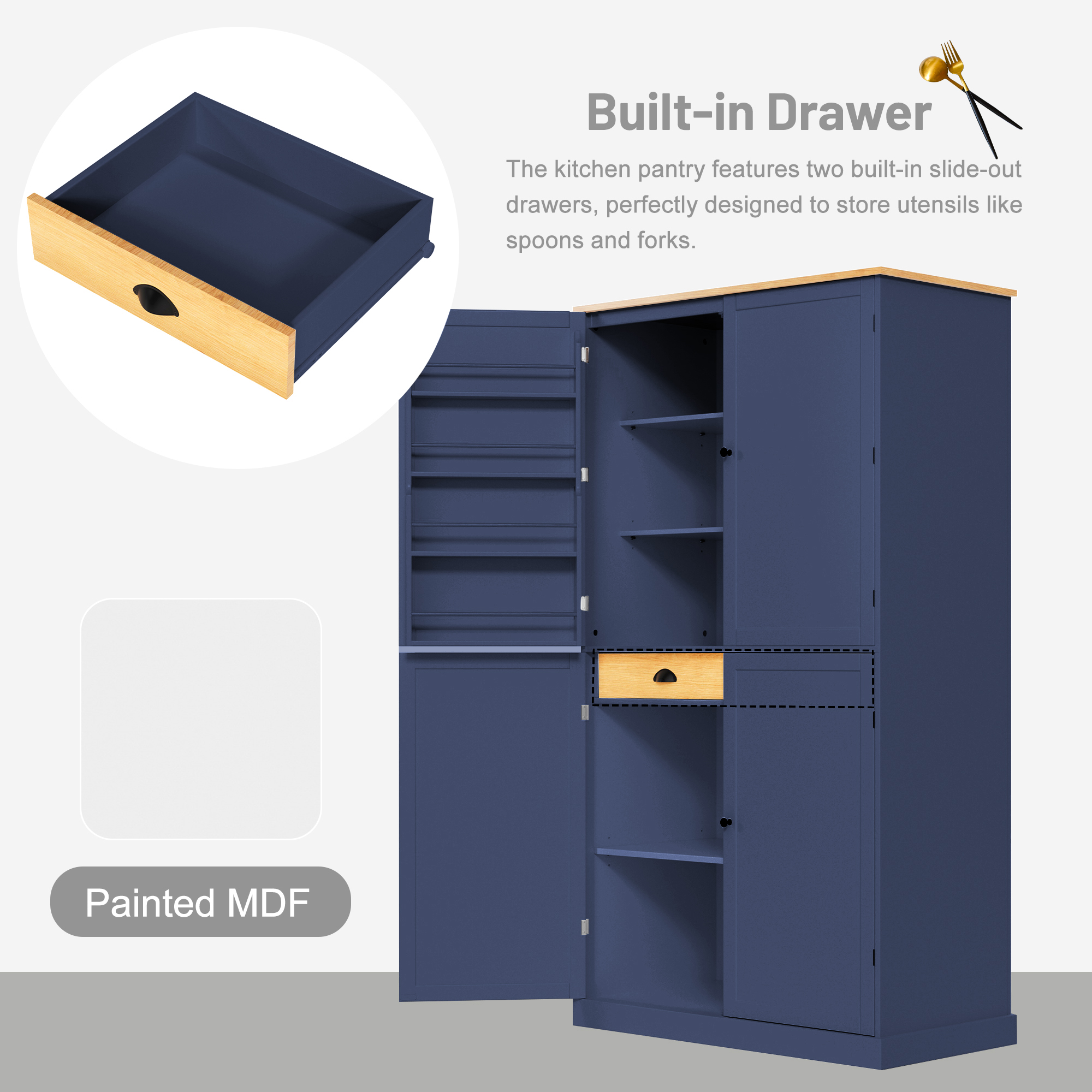 [Assembly Video Provided]TOPMAX 40.2x20x71.3inch High Freestanding Kitchen Pantry Large Cupboard Storage Cabinet with 2 Drawers, 2 Adjustable Shelves, 8 Door Shelves for Kitchen, Dining Room,Blue - Image 5