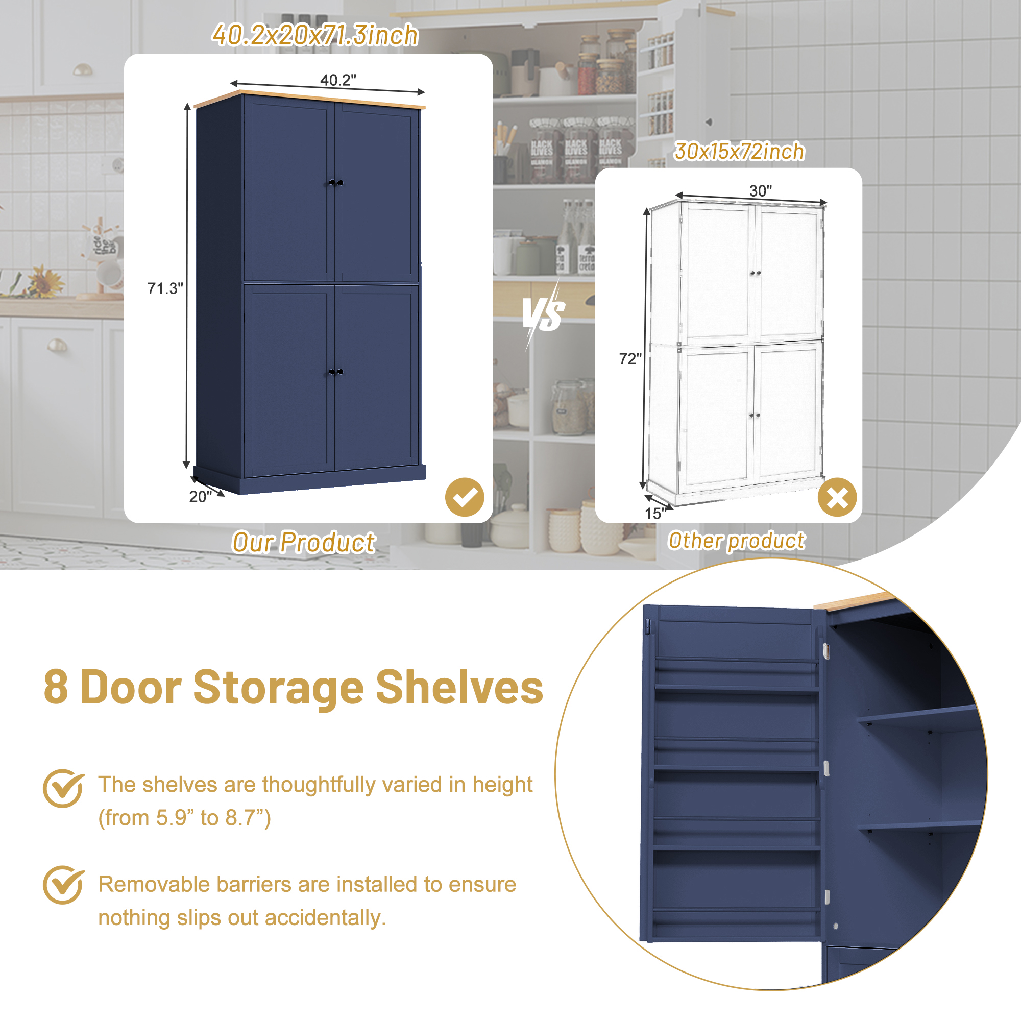 [Assembly Video Provided]TOPMAX 40.2x20x71.3inch High Freestanding Kitchen Pantry Large Cupboard Storage Cabinet with 2 Drawers, 2 Adjustable Shelves, 8 Door Shelves for Kitchen, Dining Room,Blue - Image 6