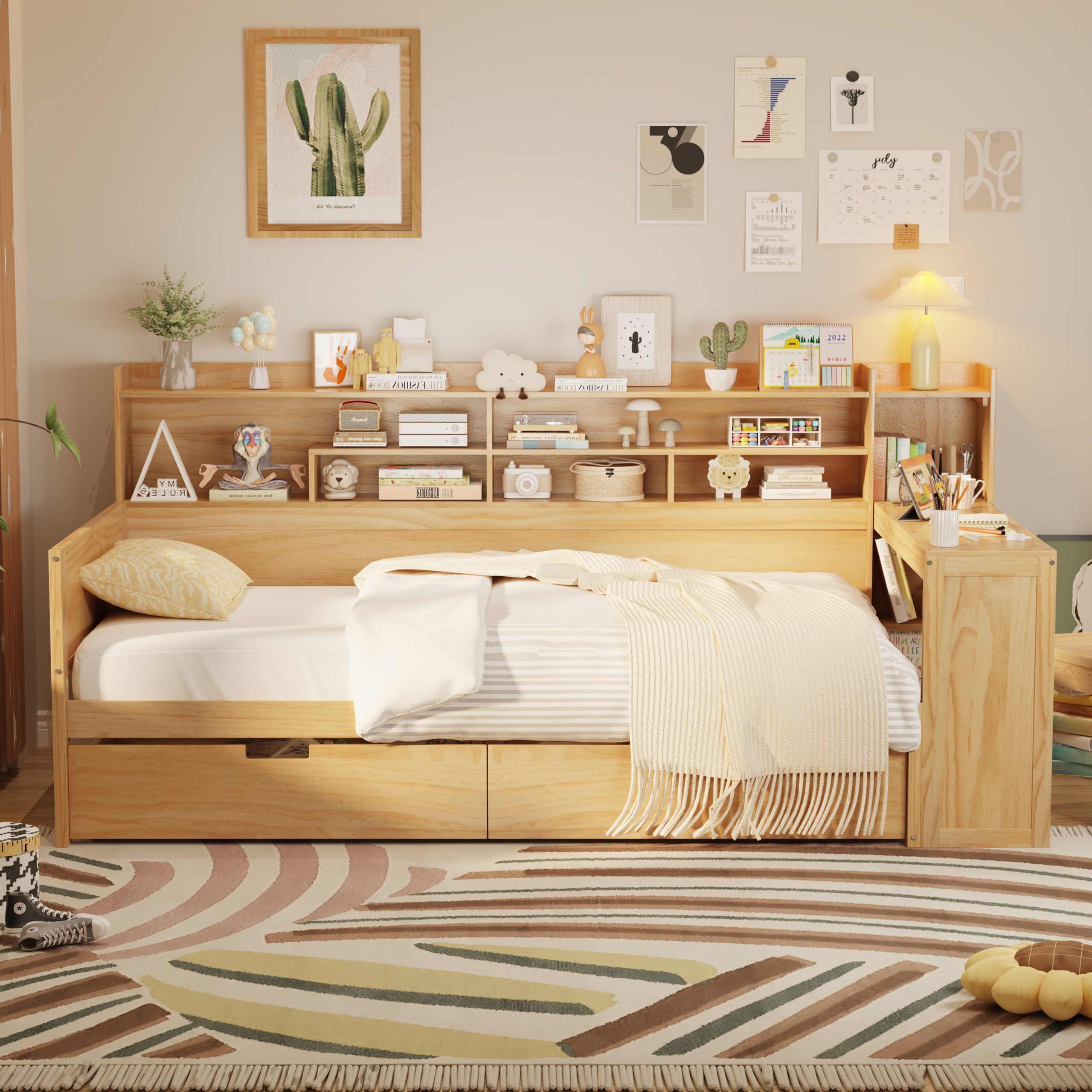 Wooden Twin Size Daybed with Storage Shelves, Multi-functional Bed with 2 Storage Drawers and Study Desk, Natural (Old SKU: N733S241484M) - Image 2