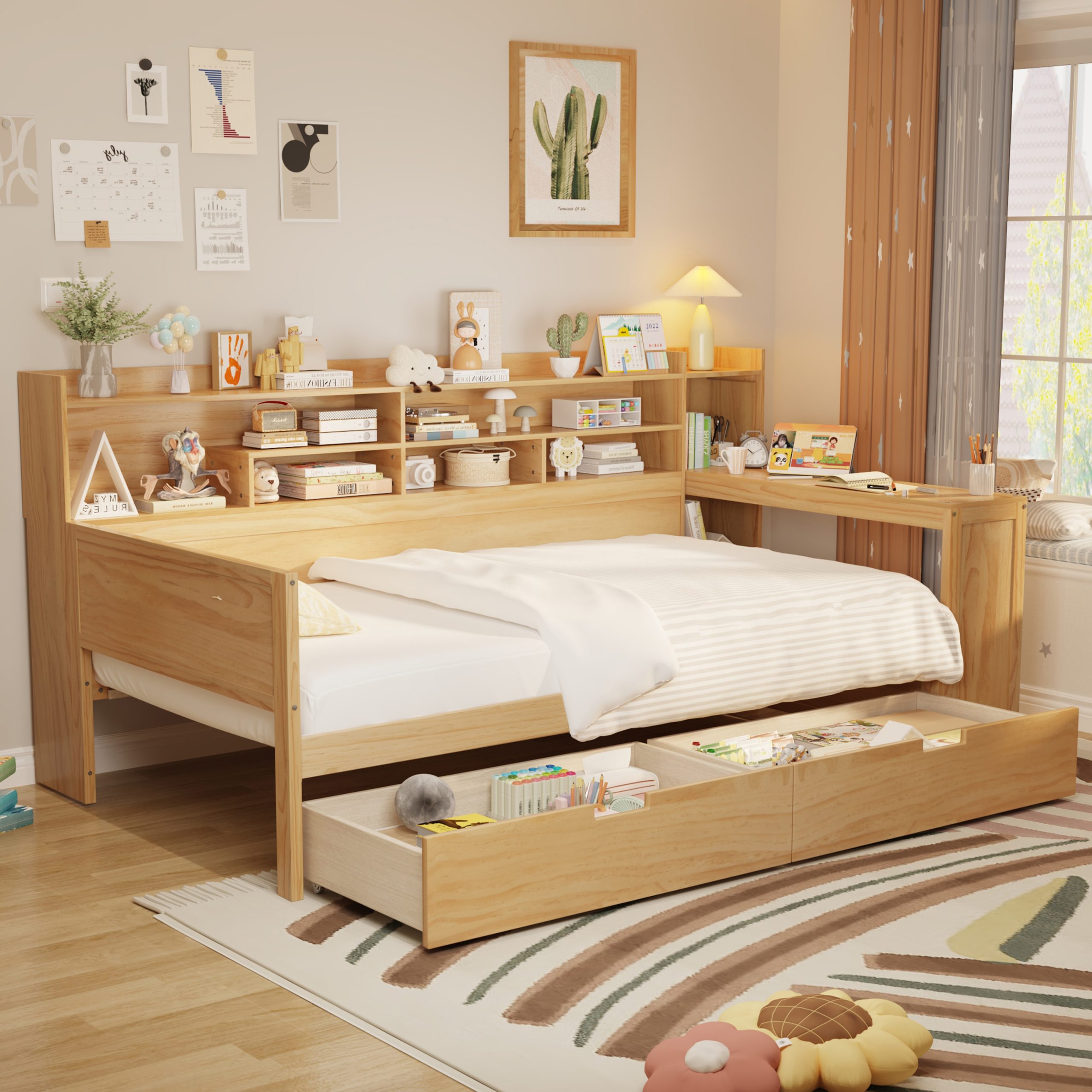 Wooden Twin Size Daybed with Storage Shelves, Multi-functional Bed with 2 Storage Drawers and Study Desk, Natural (Old SKU: N733S241484M) - Image 3