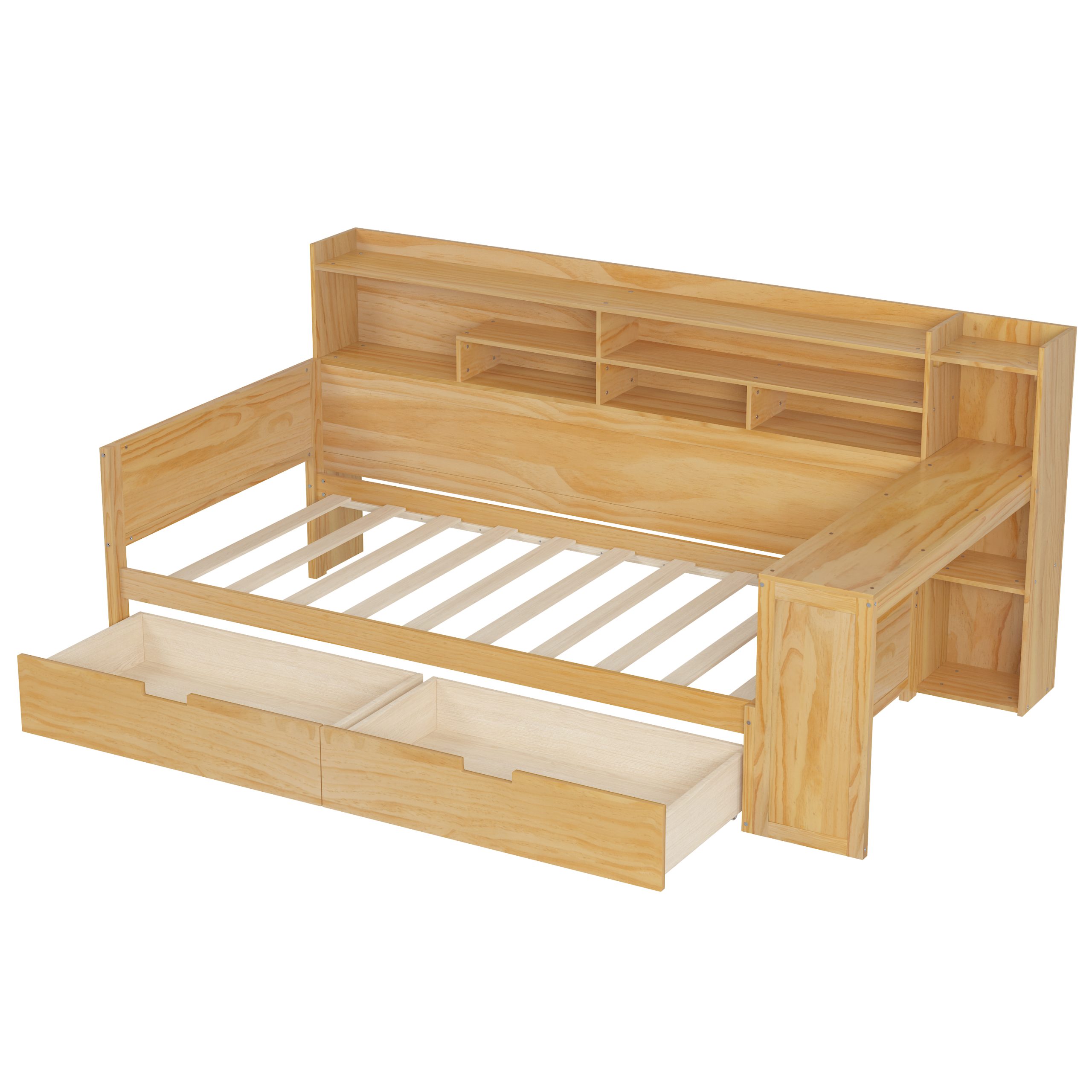 Wooden Twin Size Daybed with Storage Shelves, Multi-functional Bed with 2 Storage Drawers and Study Desk, Natural (Old SKU: N733S241484M) - Image 5