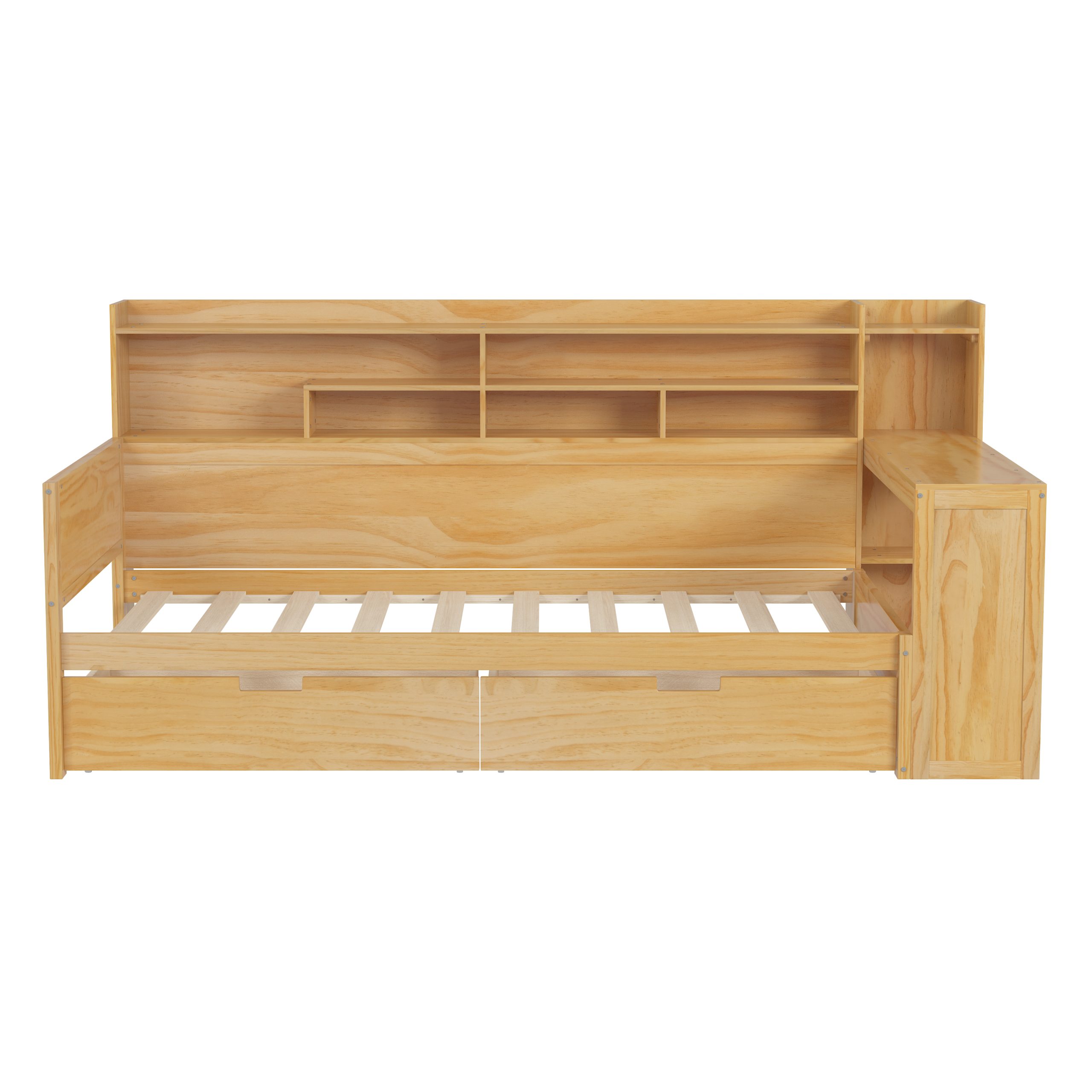 Wooden Twin Size Daybed with Storage Shelves, Multi-functional Bed with 2 Storage Drawers and Study Desk, Natural (Old SKU: N733S241484M) - Image 6
