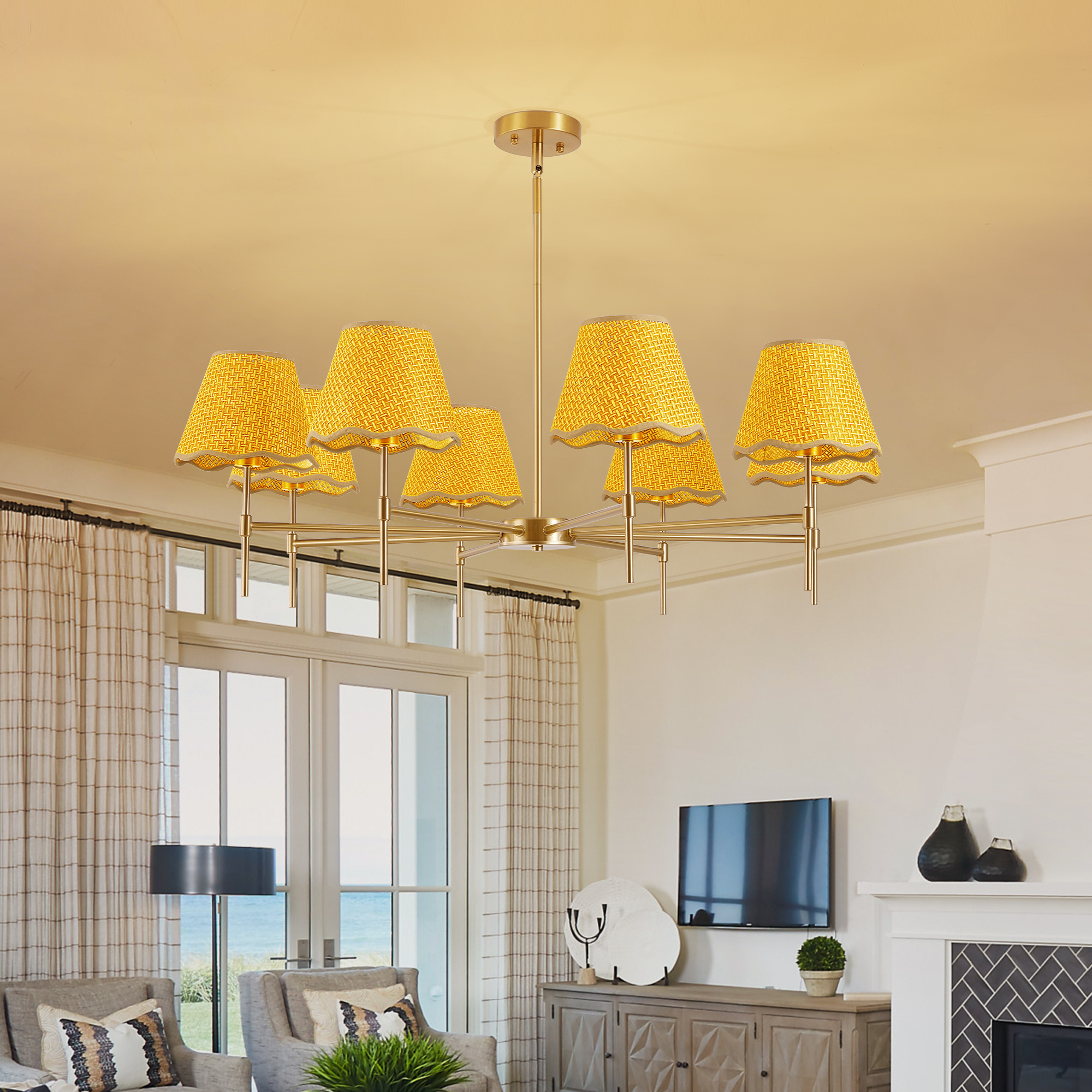 Gold Farmhouse Chandelier 8-Light Boho Pendant Lamp 38.6 in Large Rustic Rattan Chandelier Light Fixture with Height Adjustable Hanging Pole for Dining Room, Living Room, Bedroom, E12 Base - Image 2