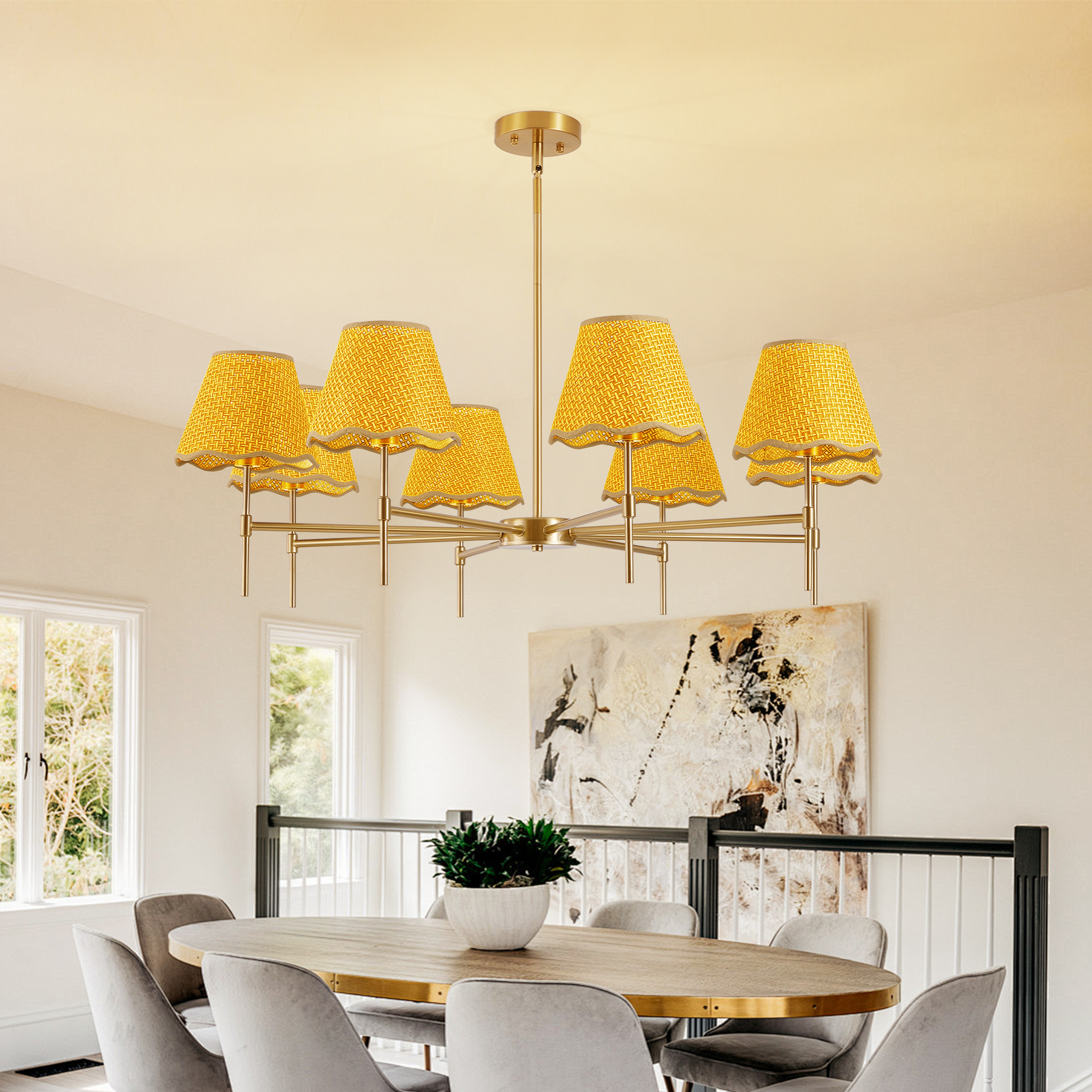 Gold Farmhouse Chandelier 8-Light Boho Pendant Lamp 38.6 in Large Rustic Rattan Chandelier Light Fixture with Height Adjustable Hanging Pole for Dining Room, Living Room, Bedroom, E12 Base - Image 3