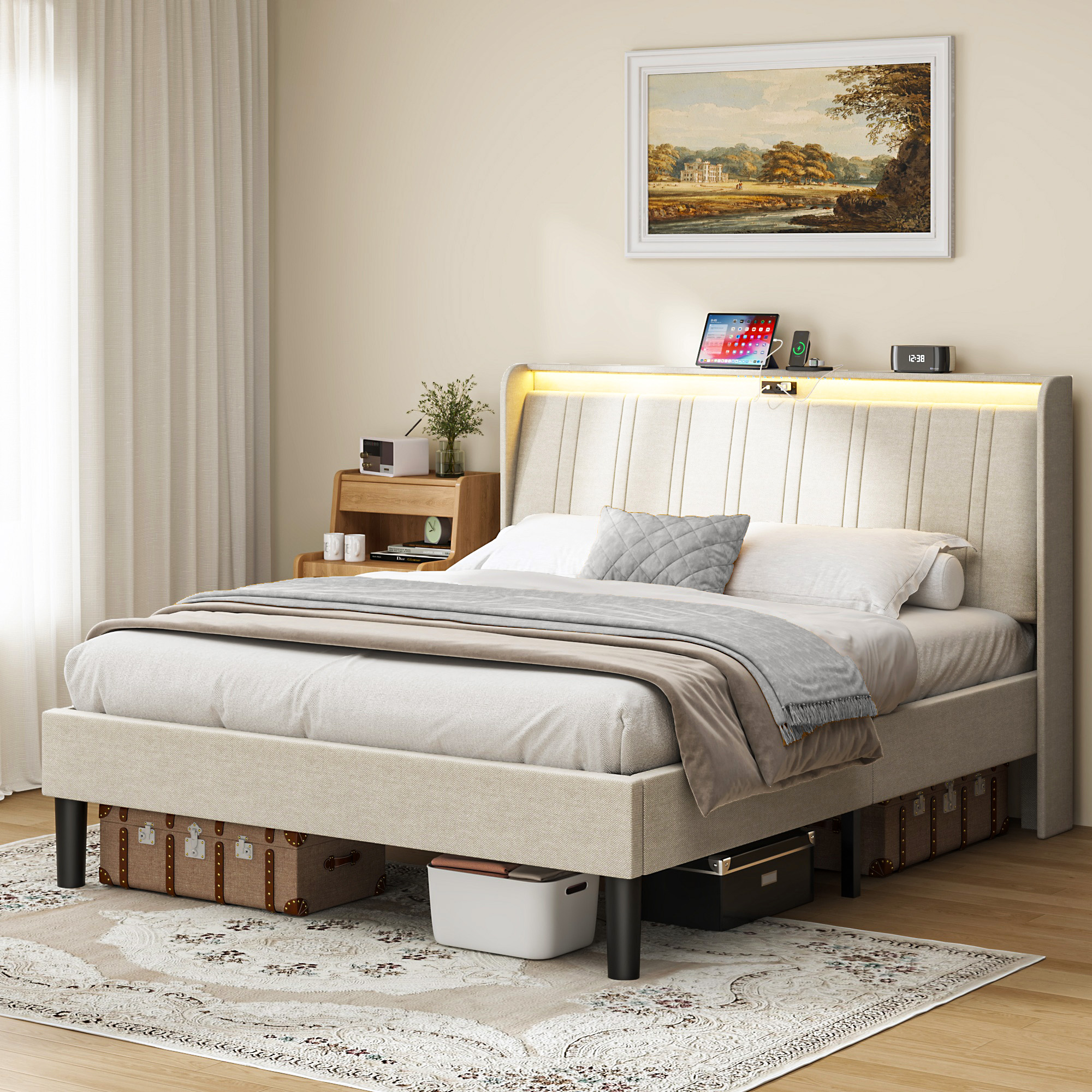 Queen Size Platform Bed Frame with Fabric Upholstered Headboard and Wooden Slats Support - Image 1