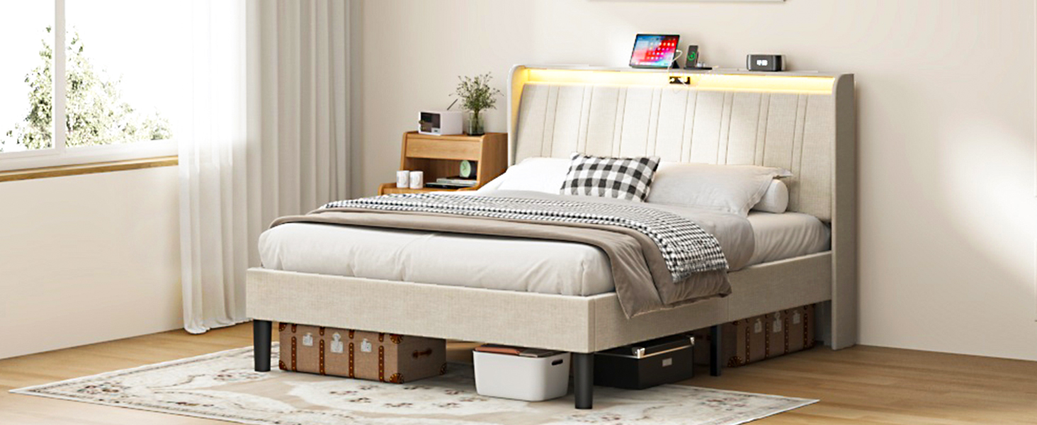 Queen Size Platform Bed Frame with Fabric Upholstered Headboard and Wooden Slats Support - Image 2