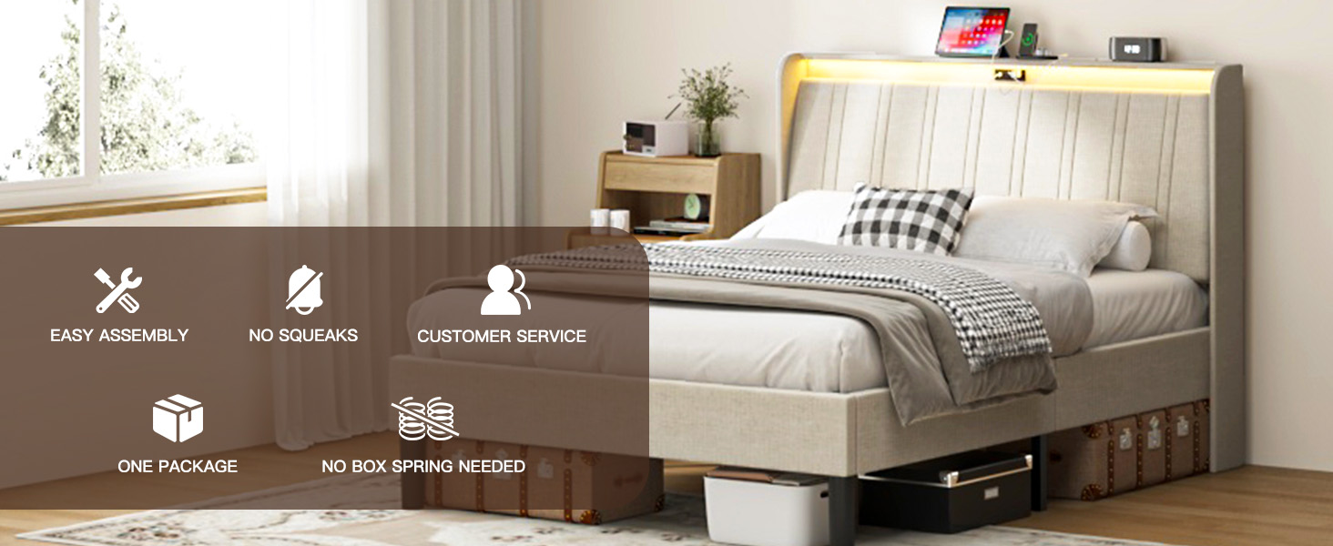 Queen Size Platform Bed Frame with Fabric Upholstered Headboard and Wooden Slats Support - Image 4