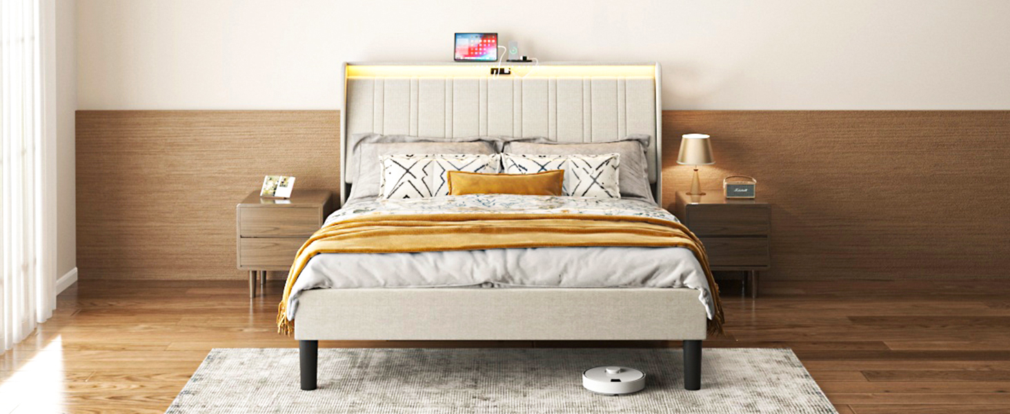 Queen Size Platform Bed Frame with Fabric Upholstered Headboard and Wooden Slats Support - Image 3