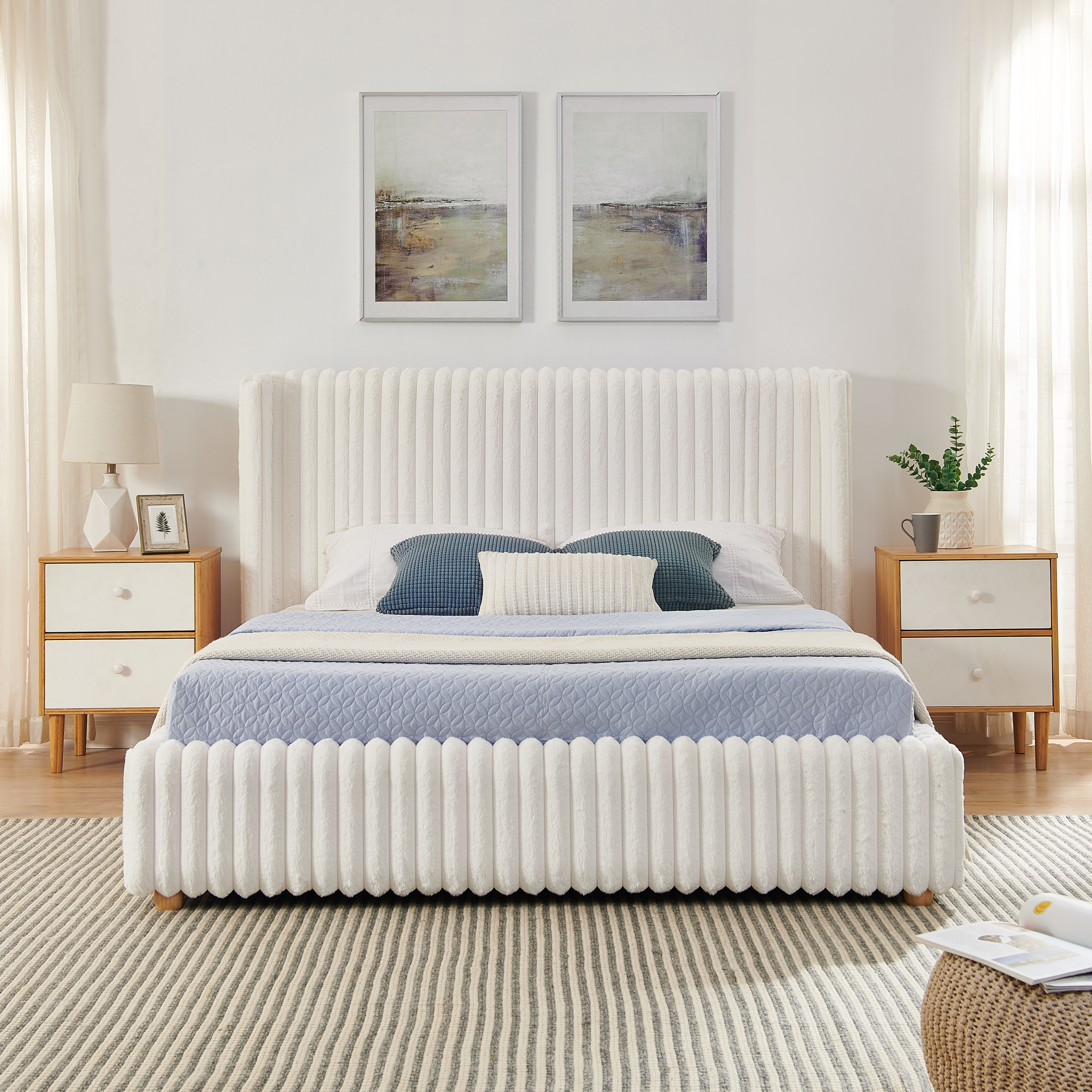 Queen Functional Vertical Striped Bed with Gas Lift Storage, Luxury Fluffy Rabbit Fur Fabric Up-holstered Double Bed - Image 1