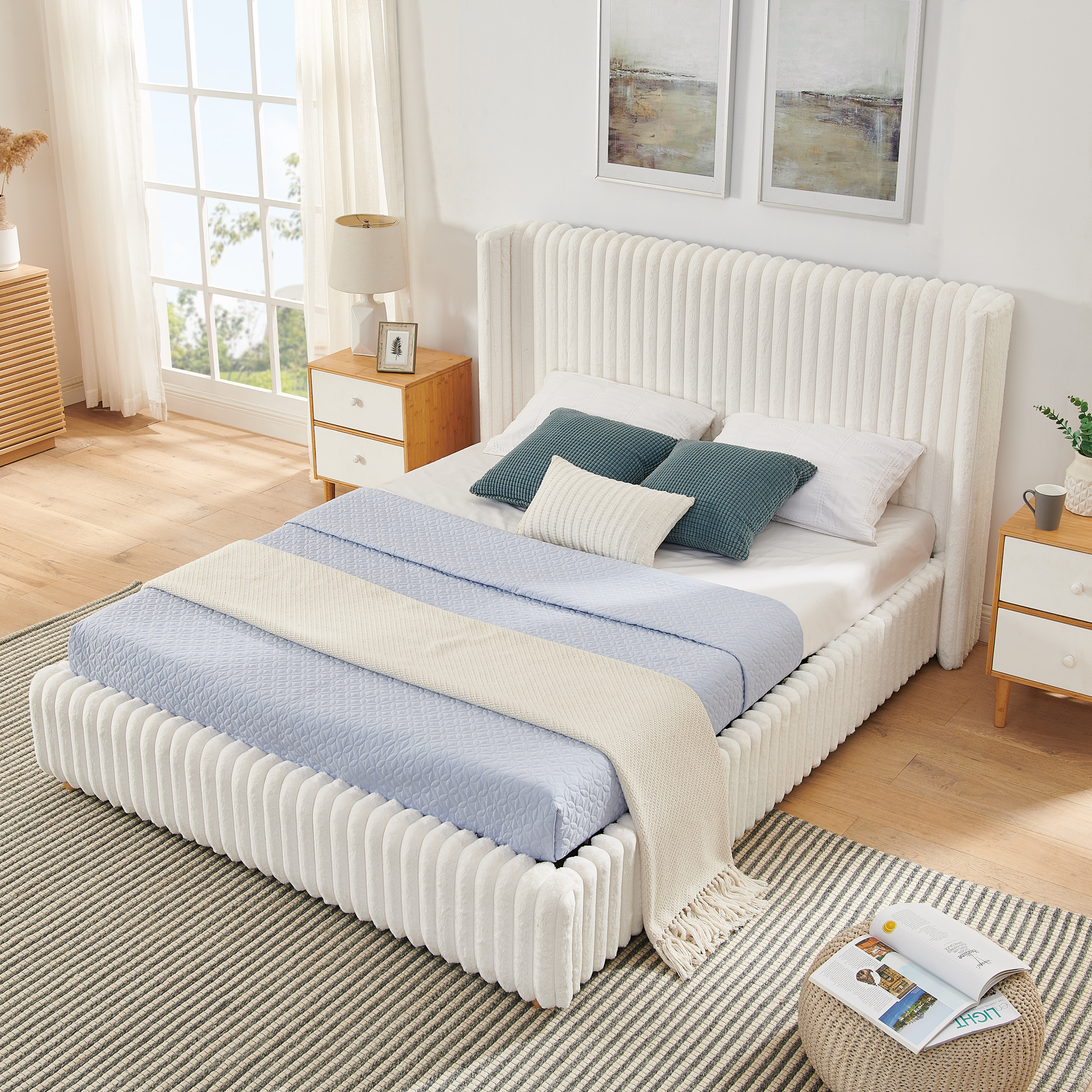 Queen Functional Vertical Striped Bed with Gas Lift Storage, Luxury Fluffy Rabbit Fur Fabric Up-holstered Double Bed - Image 2