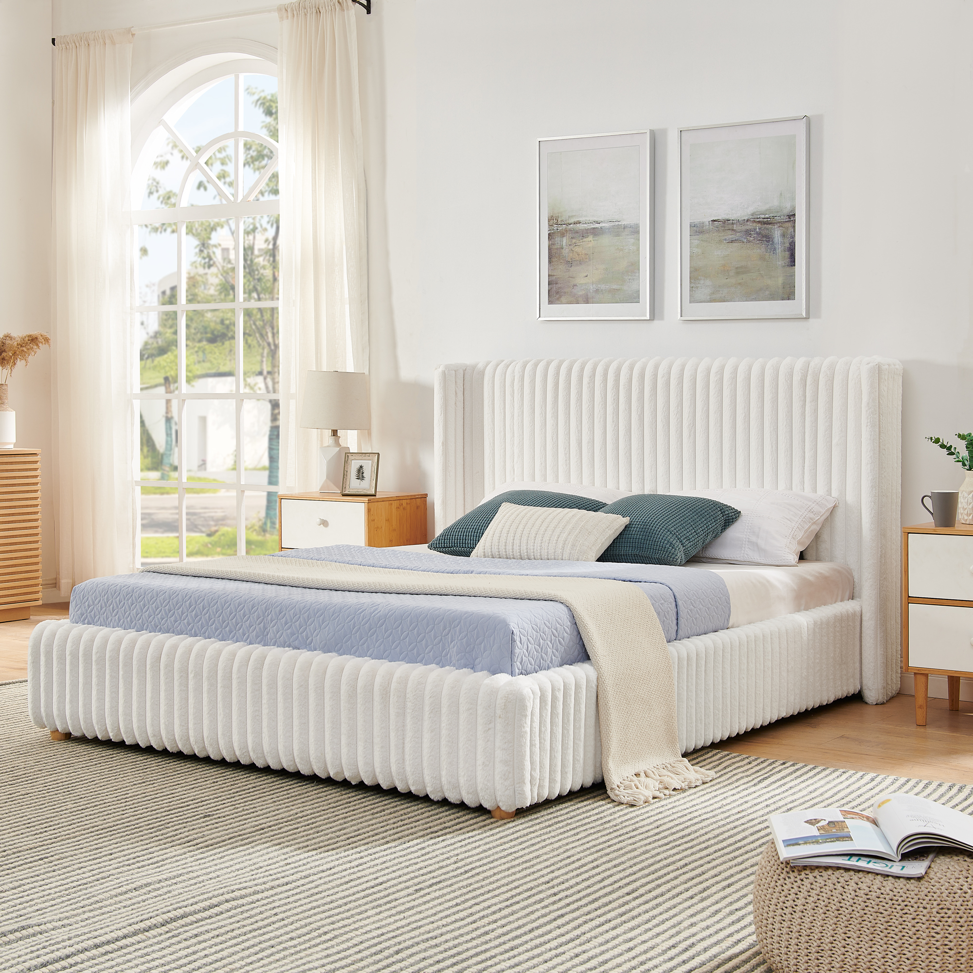 Queen Functional Vertical Striped Bed with Gas Lift Storage, Luxury Fluffy Rabbit Fur Fabric Up-holstered Double Bed - Image 3