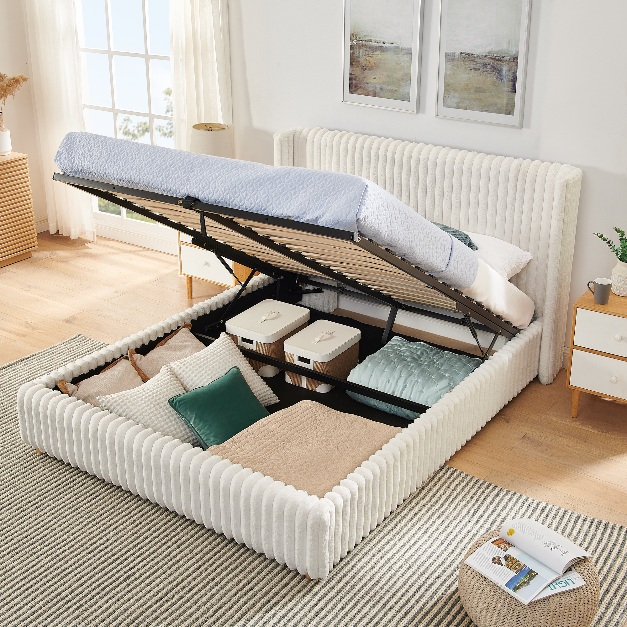 Queen Functional Vertical Striped Bed with Gas Lift Storage, Luxury Fluffy Rabbit Fur Fabric Up-holstered Double Bed - Image 4