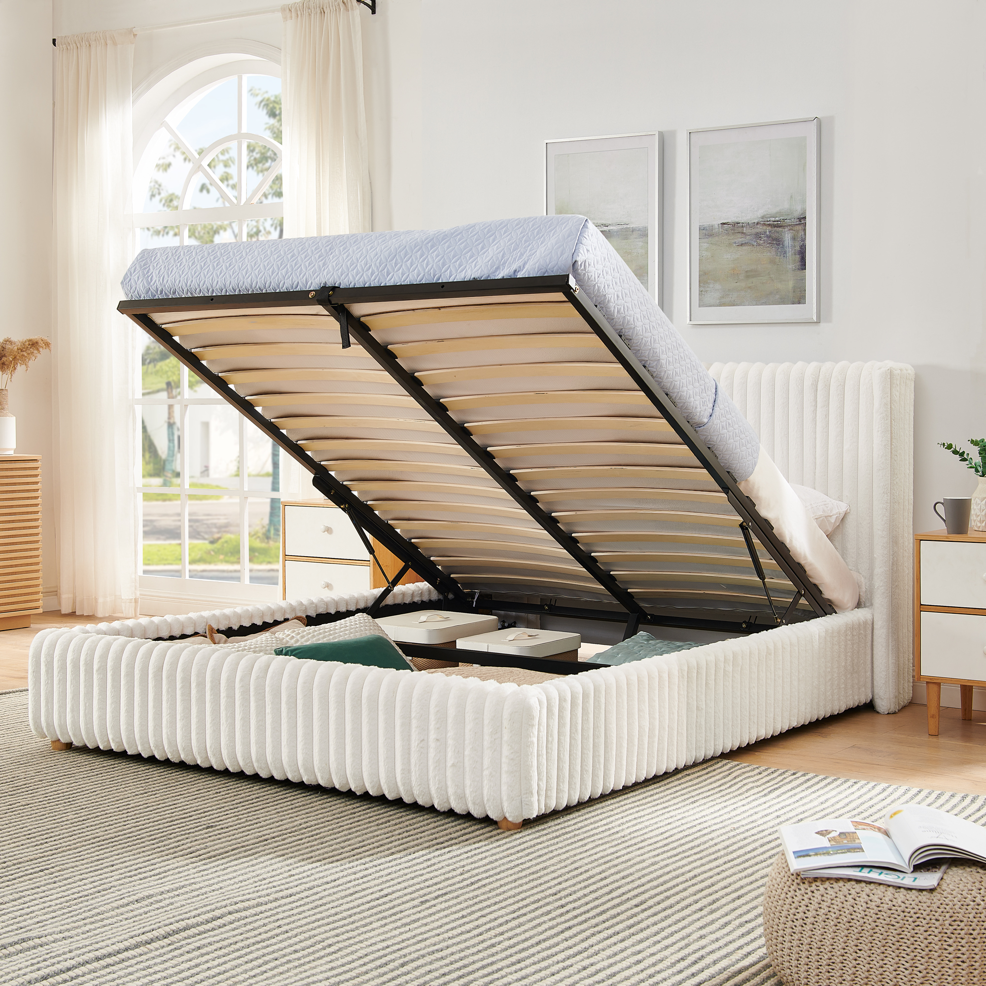 Queen Functional Vertical Striped Bed with Gas Lift Storage, Luxury Fluffy Rabbit Fur Fabric Up-holstered Double Bed - Image 5