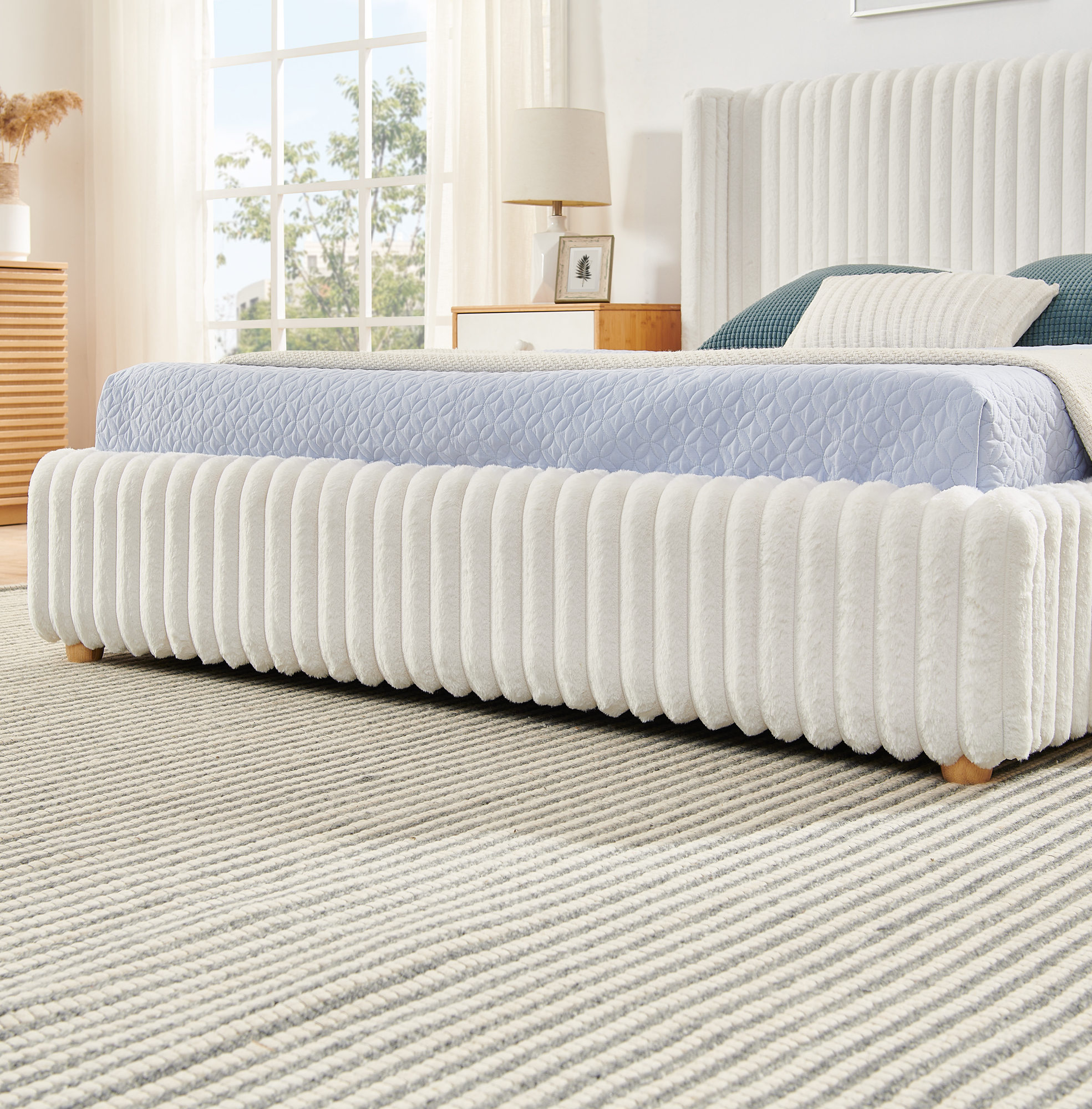 Queen Functional Vertical Striped Bed with Gas Lift Storage, Luxury Fluffy Rabbit Fur Fabric Up-holstered Double Bed - Image 6