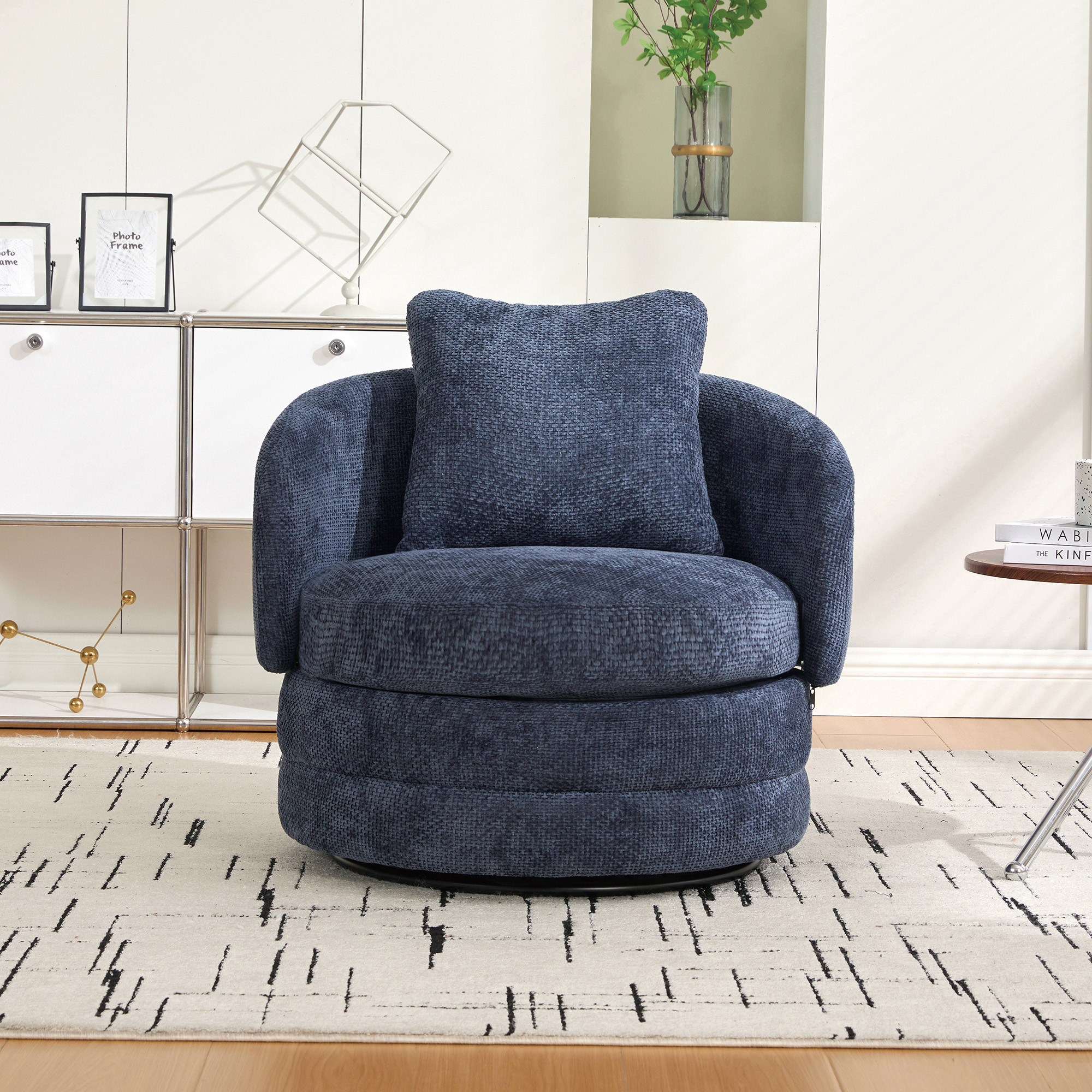 30"W Modern Round 360° Swivel Barrel Accent Chair with Pillow, Chenille Upholstered Comfy Barrel Armchair Single Club Sofa Chair for Living Room,Bedroom, Reading Room, Balcony, Lounge, Navy - Image 2