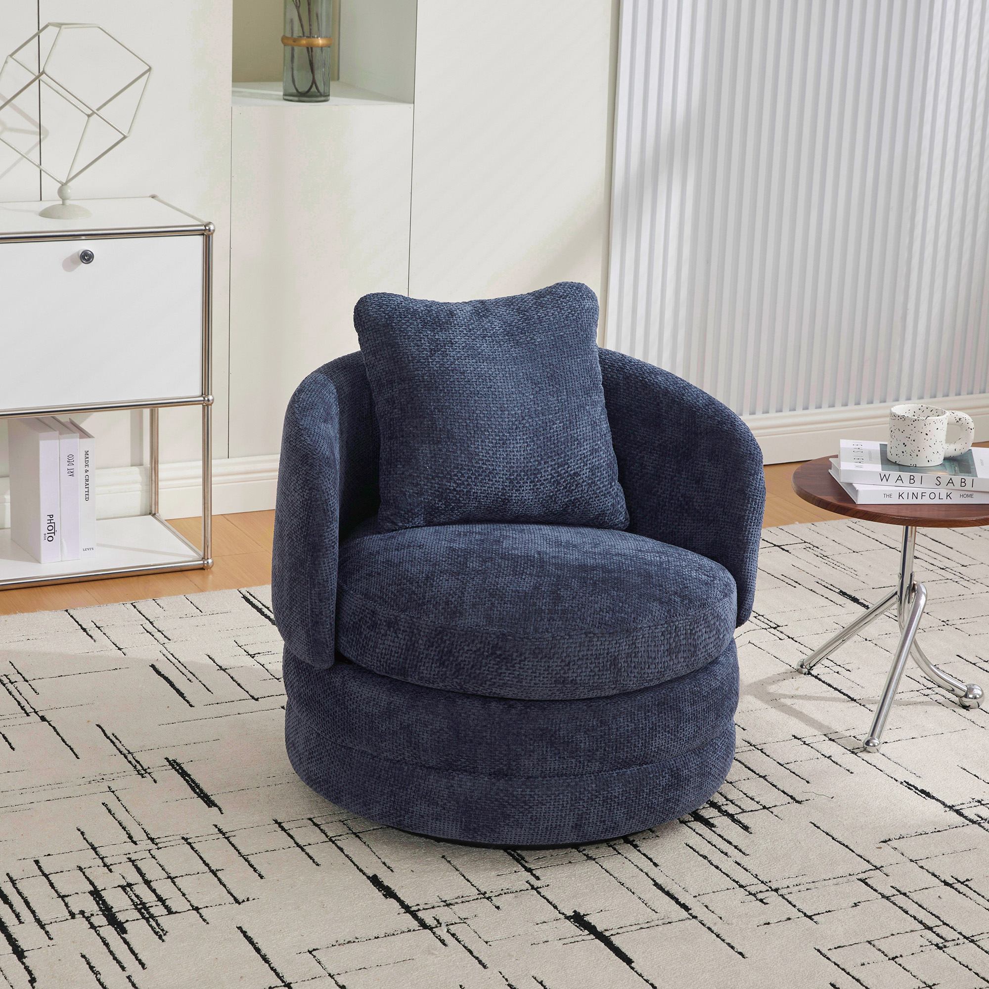 30"W Modern Round 360° Swivel Barrel Accent Chair with Pillow, Chenille Upholstered Comfy Barrel Armchair Single Club Sofa Chair for Living Room,Bedroom, Reading Room, Balcony, Lounge, Navy - Image 3