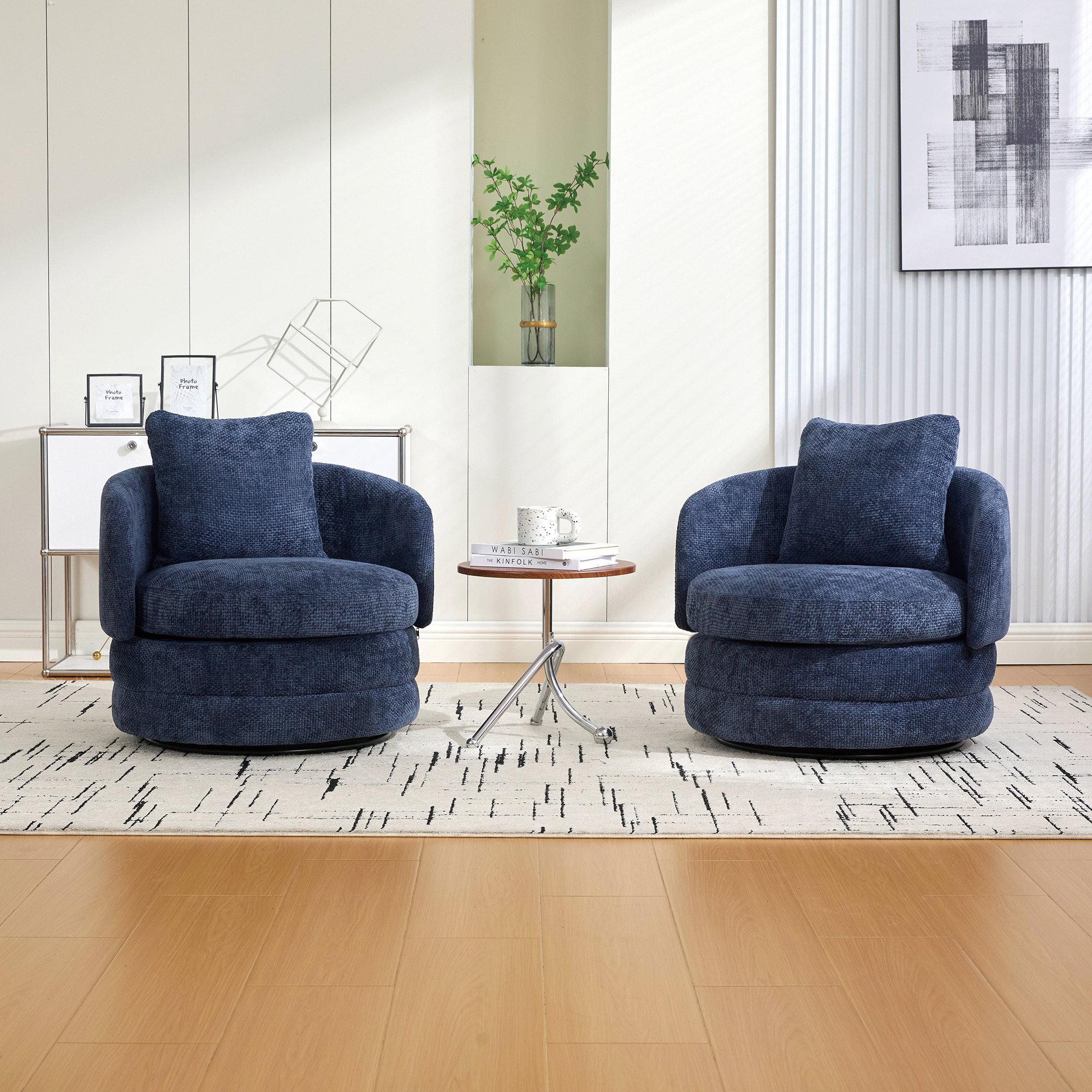 30"W Modern Round 360° Swivel Barrel Accent Chair with Pillow, Chenille Upholstered Comfy Barrel Armchair Single Club Sofa Chair for Living Room,Bedroom, Reading Room, Balcony, Lounge, Navy - Image 4