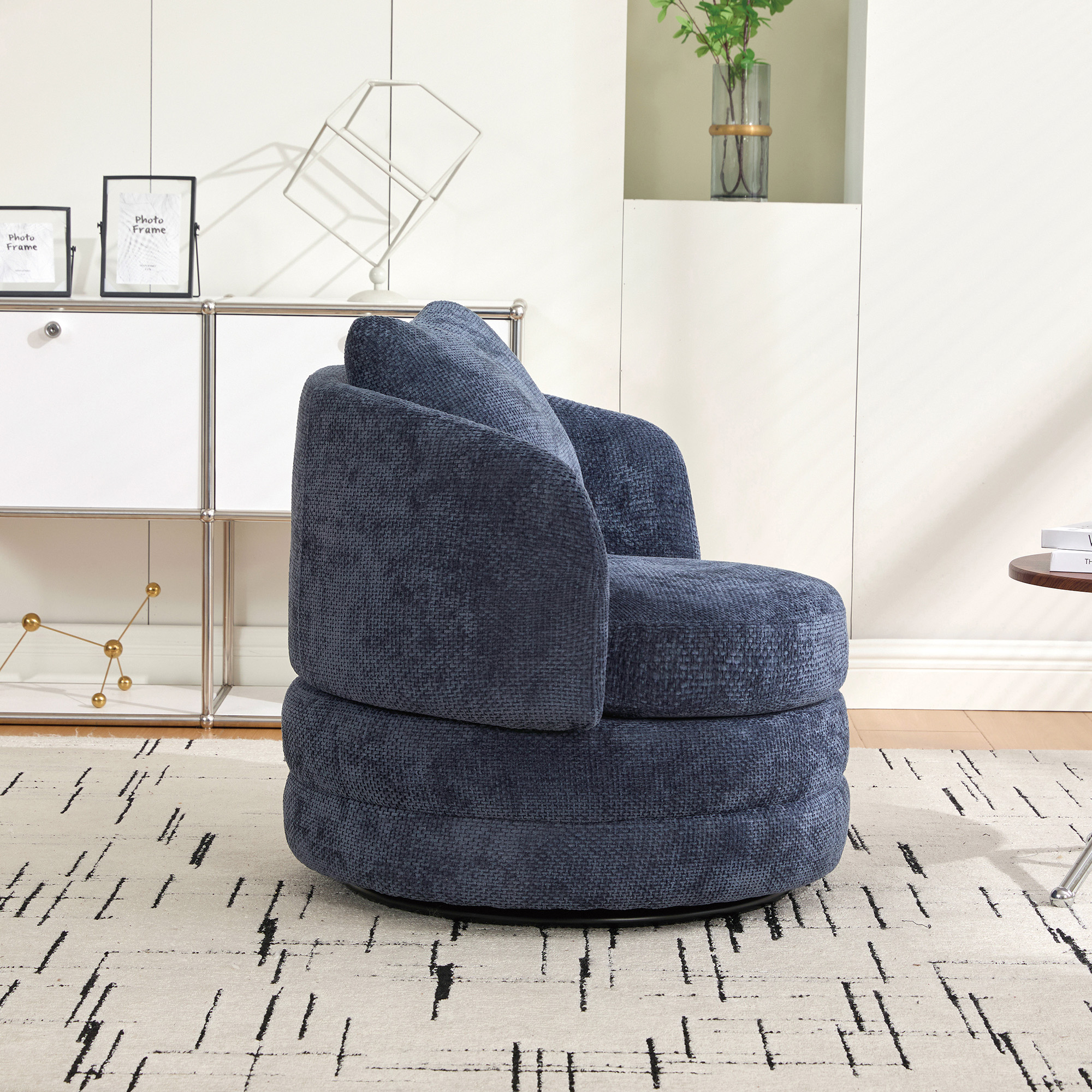 30"W Modern Round 360° Swivel Barrel Accent Chair with Pillow, Chenille Upholstered Comfy Barrel Armchair Single Club Sofa Chair for Living Room,Bedroom, Reading Room, Balcony, Lounge, Navy - Image 6