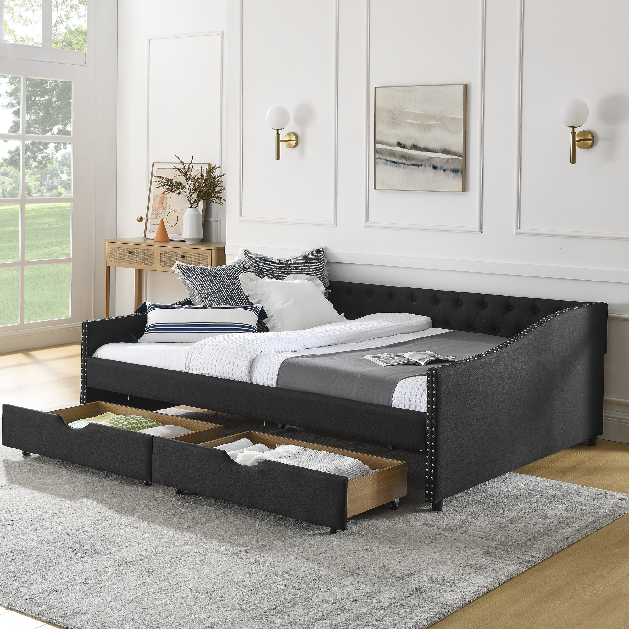 Queen Size Daybed with Drawers Upholstered Tufted Sofa Bed,,with Button on Back and Copper Nail on Waved Shape Arms(84.5"x63.5"x26.5") (OLD SKU: W1413S00033) - Image 2