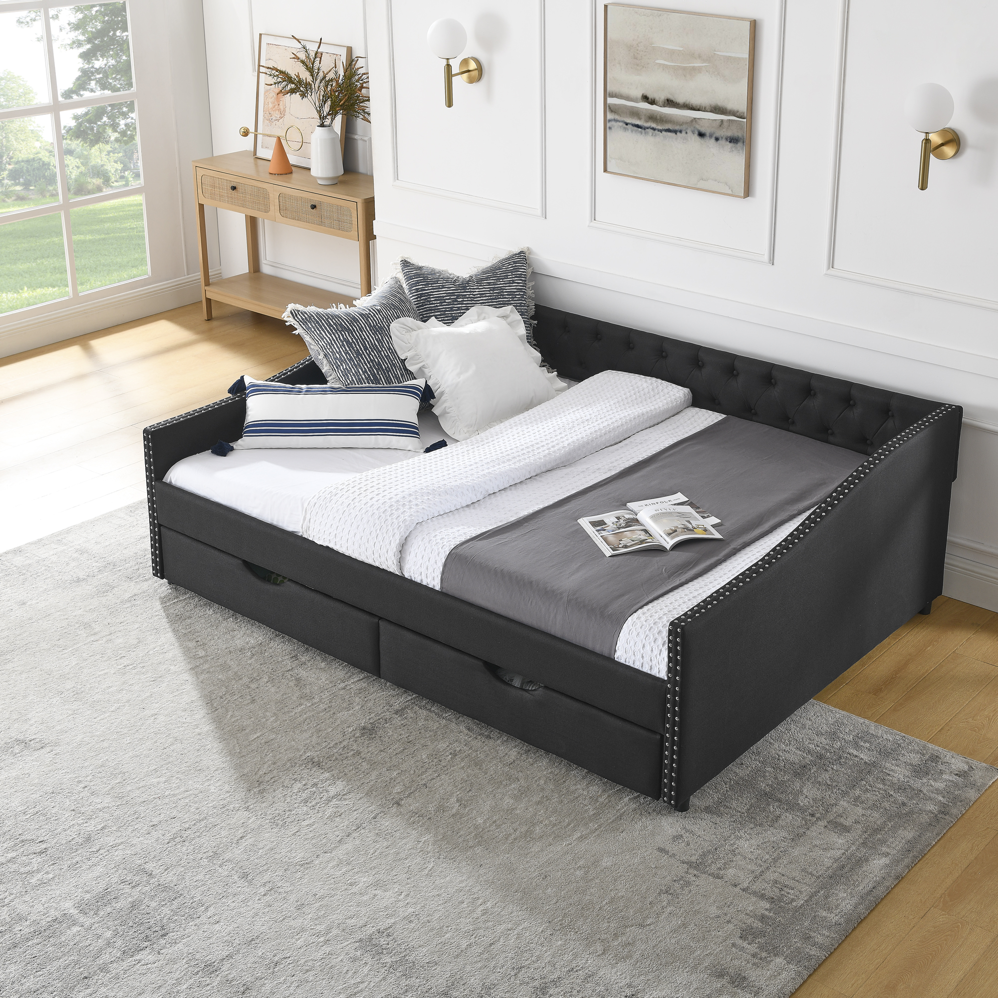 Queen Size Daybed with Drawers Upholstered Tufted Sofa Bed,,with Button on Back and Copper Nail on Waved Shape Arms(84.5"x63.5"x26.5") (OLD SKU: W1413S00033) - Image 3