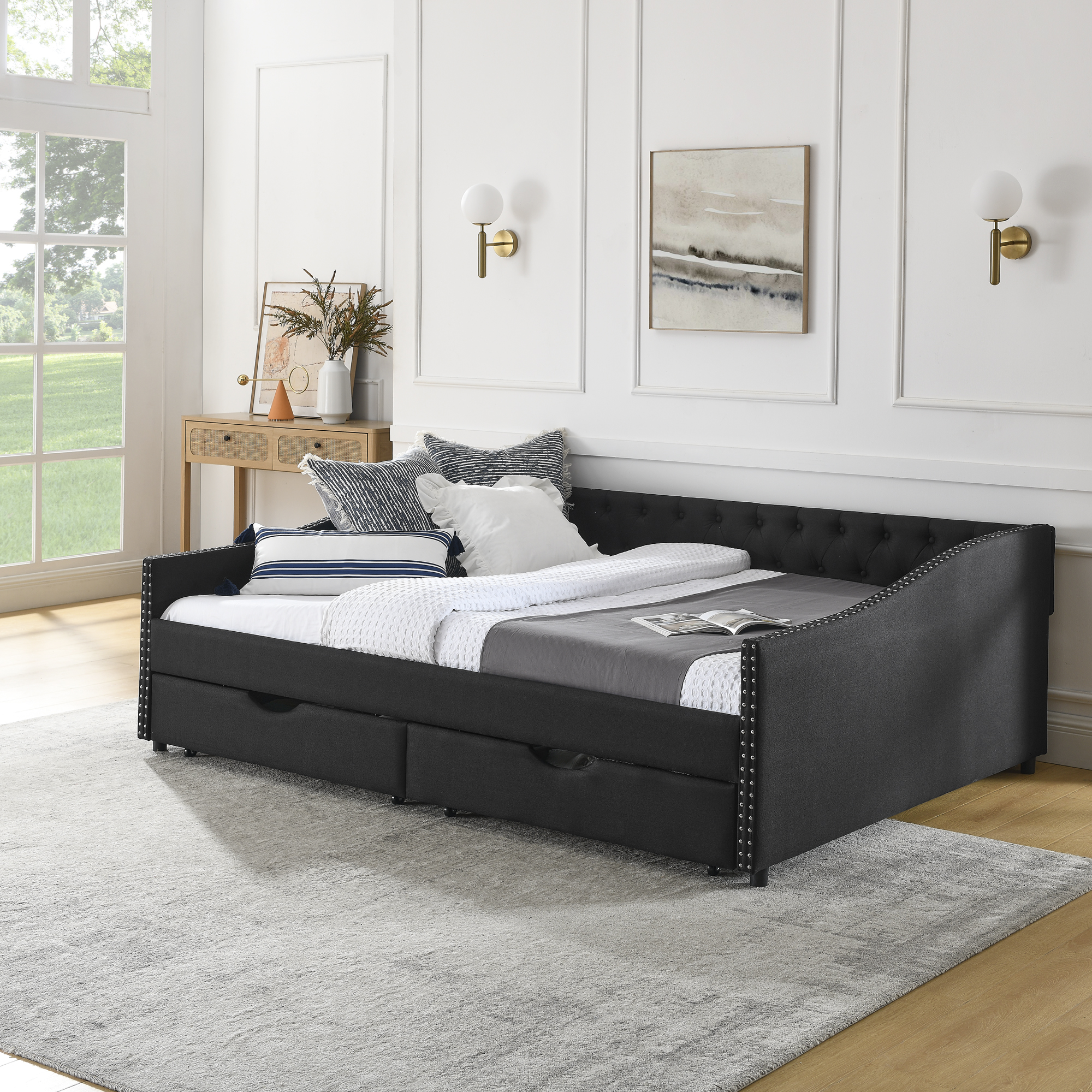 Queen Size Daybed with Drawers Upholstered Tufted Sofa Bed,,with Button on Back and Copper Nail on Waved Shape Arms(84.5"x63.5"x26.5") (OLD SKU: W1413S00033) - Image 4