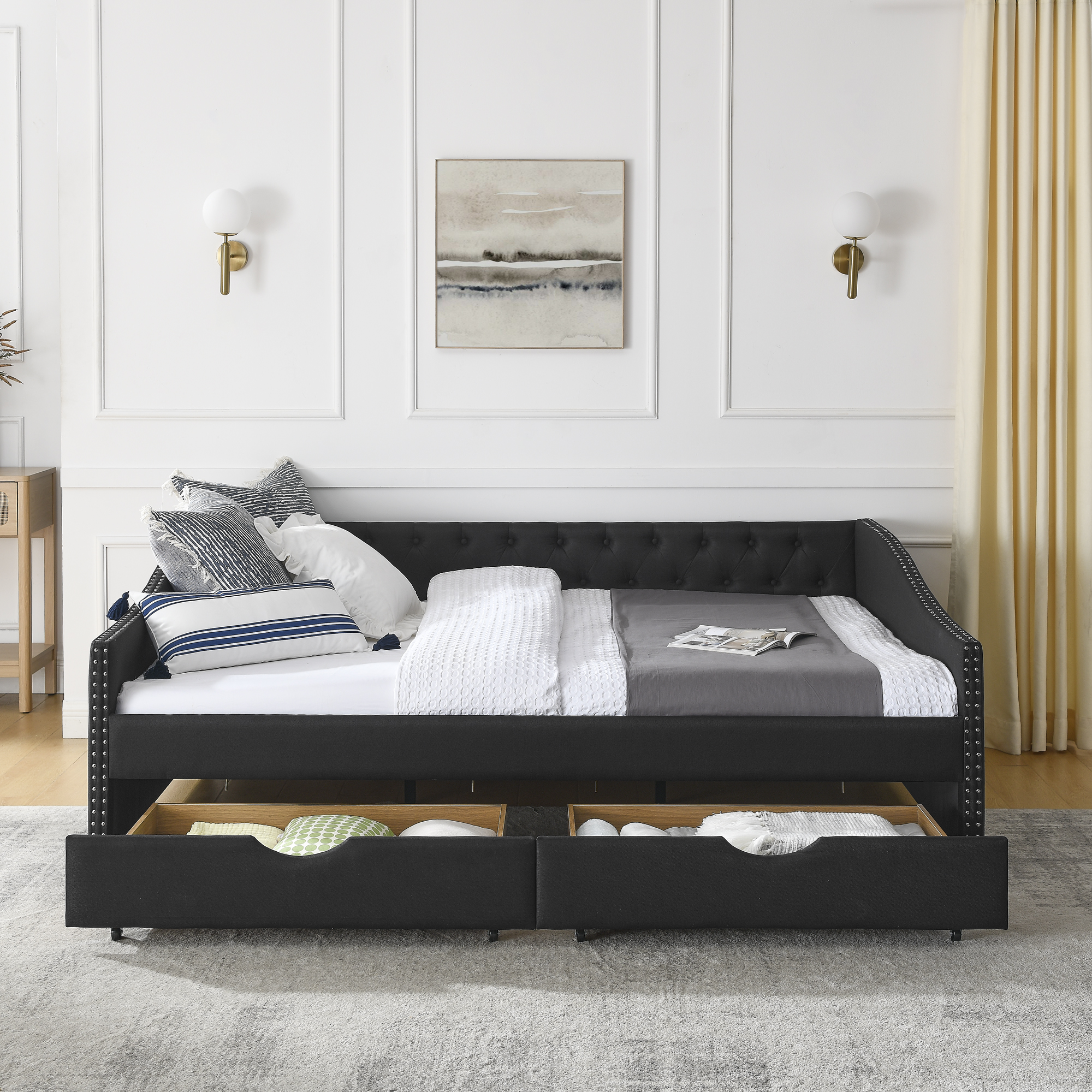 Queen Size Daybed with Drawers Upholstered Tufted Sofa Bed,,with Button on Back and Copper Nail on Waved Shape Arms(84.5"x63.5"x26.5") (OLD SKU: W1413S00033) - Image 5