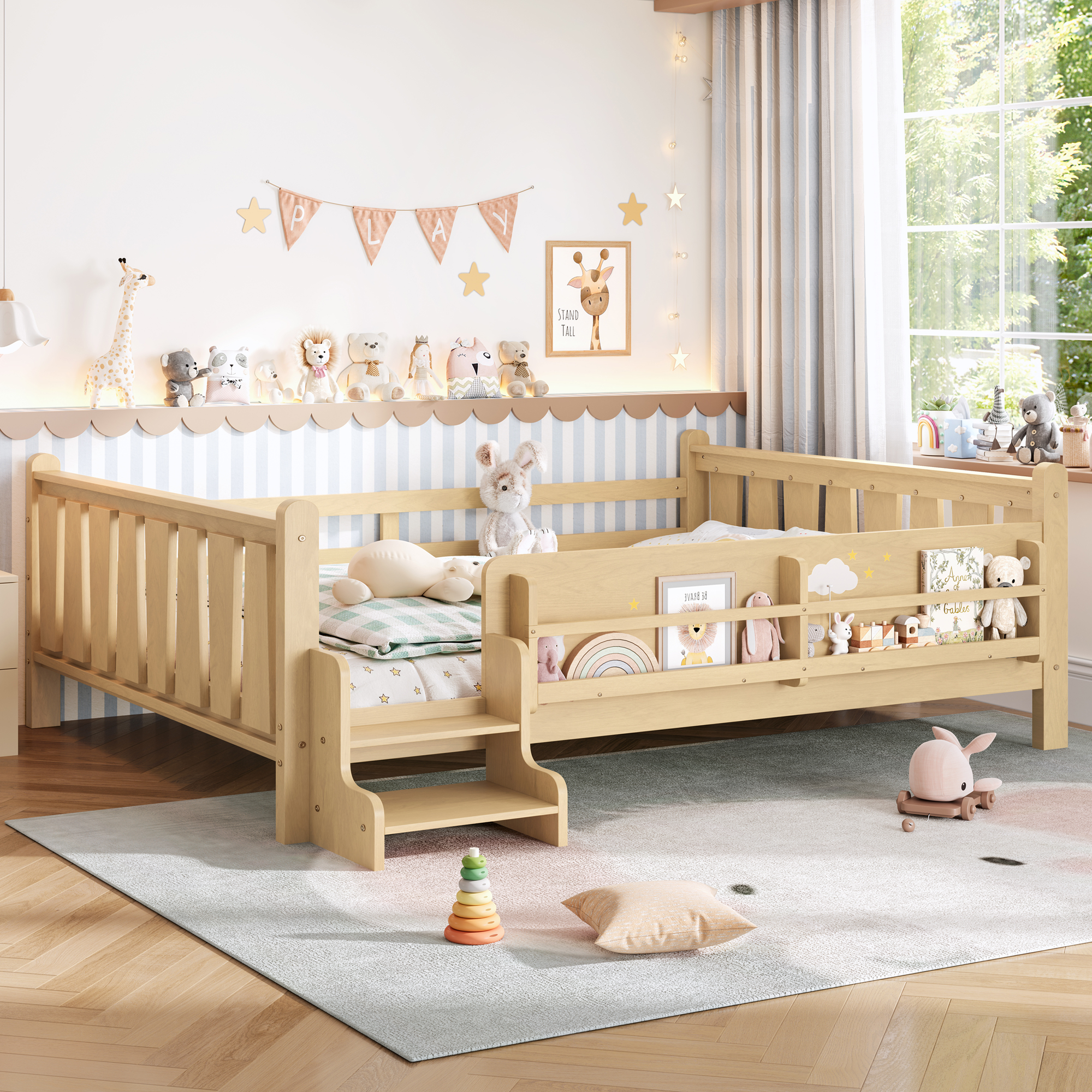 Queen Size Floor Bed with Storage Bookcases, Solid Wood Kids Floor Bed with Cute Stairs and Guardrails, No Box Spring Needed, Light Natural - Image 1