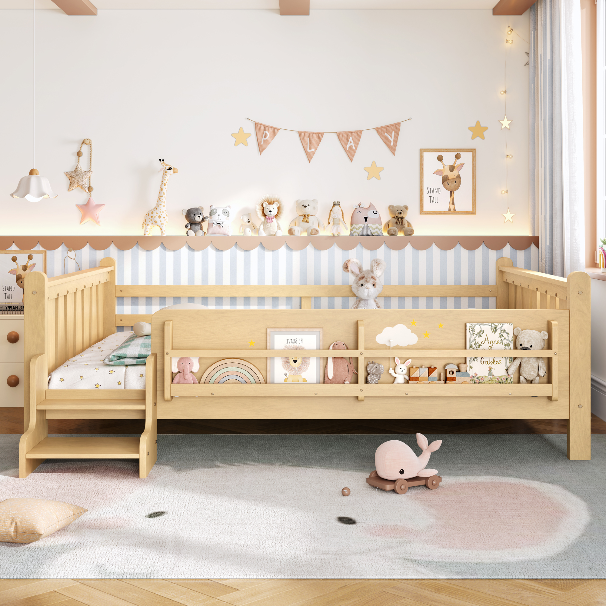 Queen Size Floor Bed with Storage Bookcases, Solid Wood Kids Floor Bed with Cute Stairs and Guardrails, No Box Spring Needed, Light Natural - Image 2
