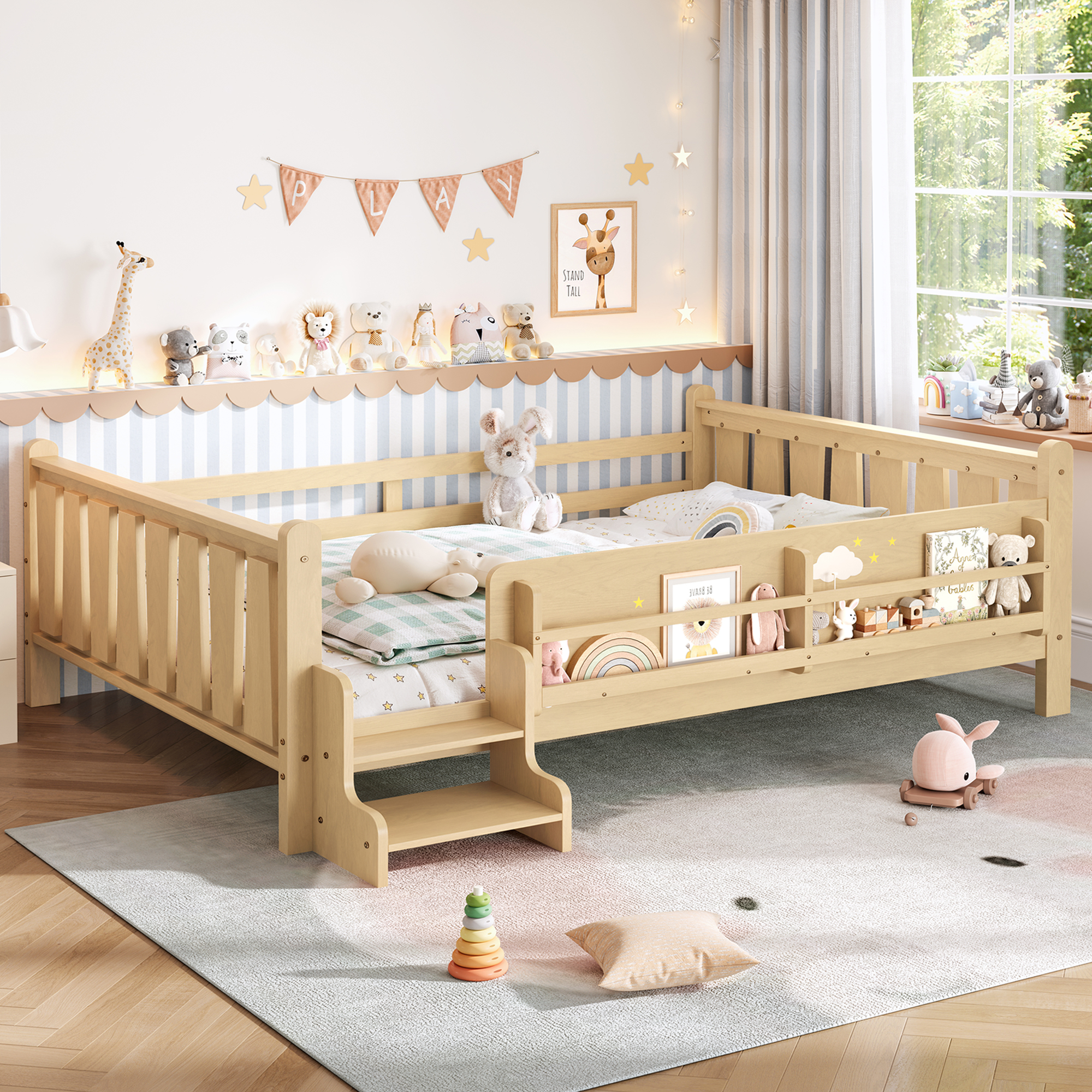 Queen Size Floor Bed with Storage Bookcases, Solid Wood Kids Floor Bed with Cute Stairs and Guardrails, No Box Spring Needed, Light Natural - Image 3
