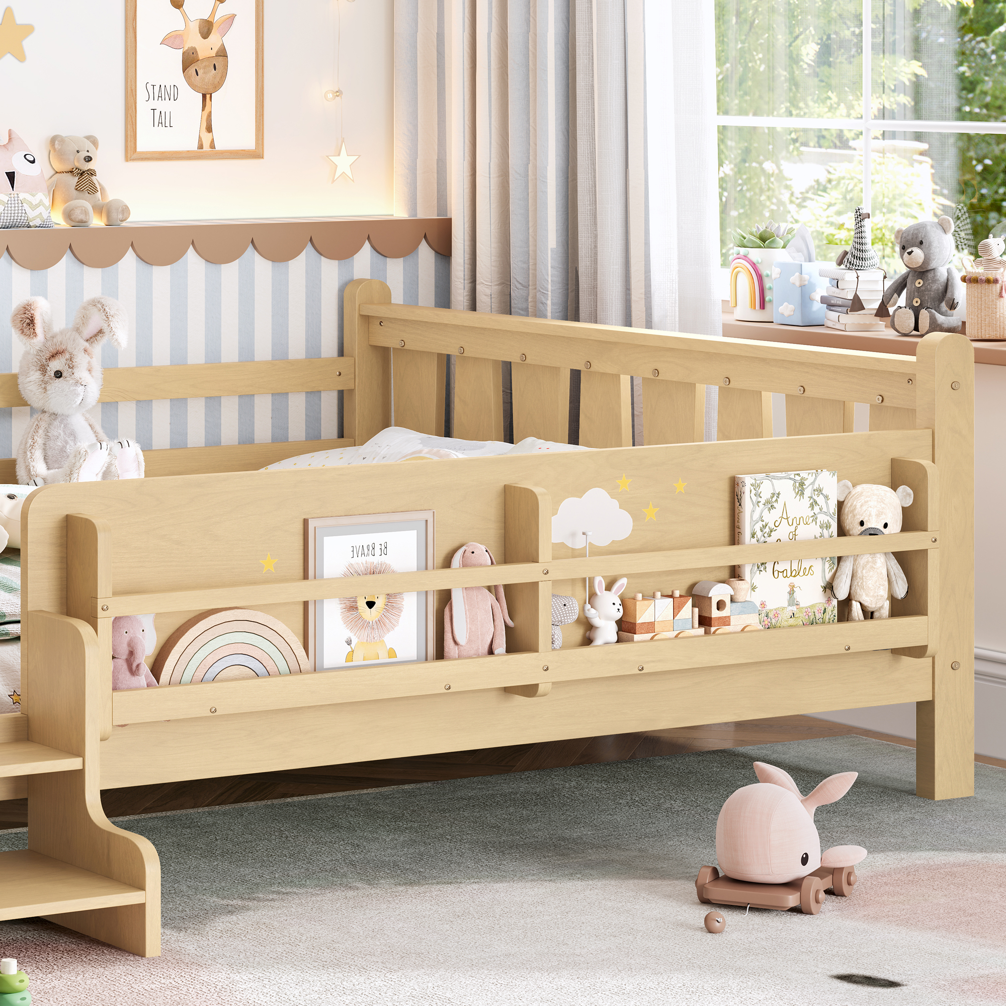 Queen Size Floor Bed with Storage Bookcases, Solid Wood Kids Floor Bed with Cute Stairs and Guardrails, No Box Spring Needed, Light Natural - Image 4