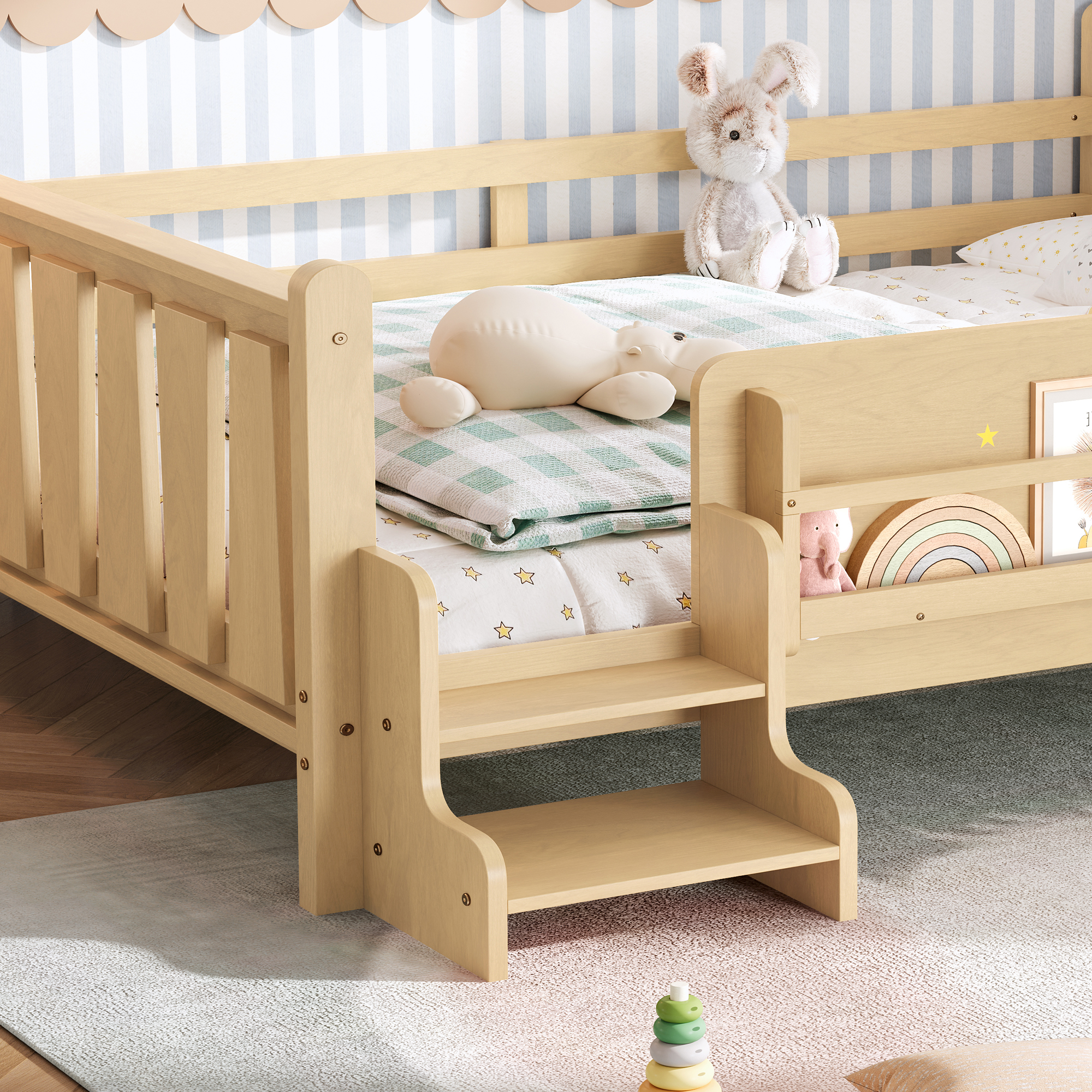 Queen Size Floor Bed with Storage Bookcases, Solid Wood Kids Floor Bed with Cute Stairs and Guardrails, No Box Spring Needed, Light Natural - Image 5