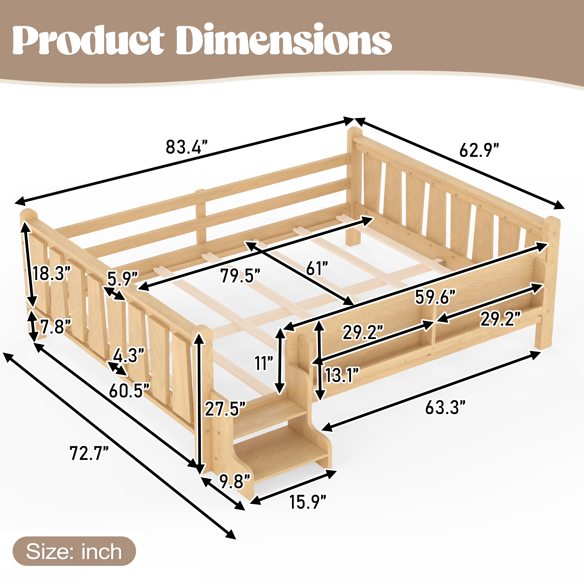 Queen Size Floor Bed with Storage Bookcases, Solid Wood Kids Floor Bed with Cute Stairs and Guardrails, No Box Spring Needed, Light Natural - Image 6
