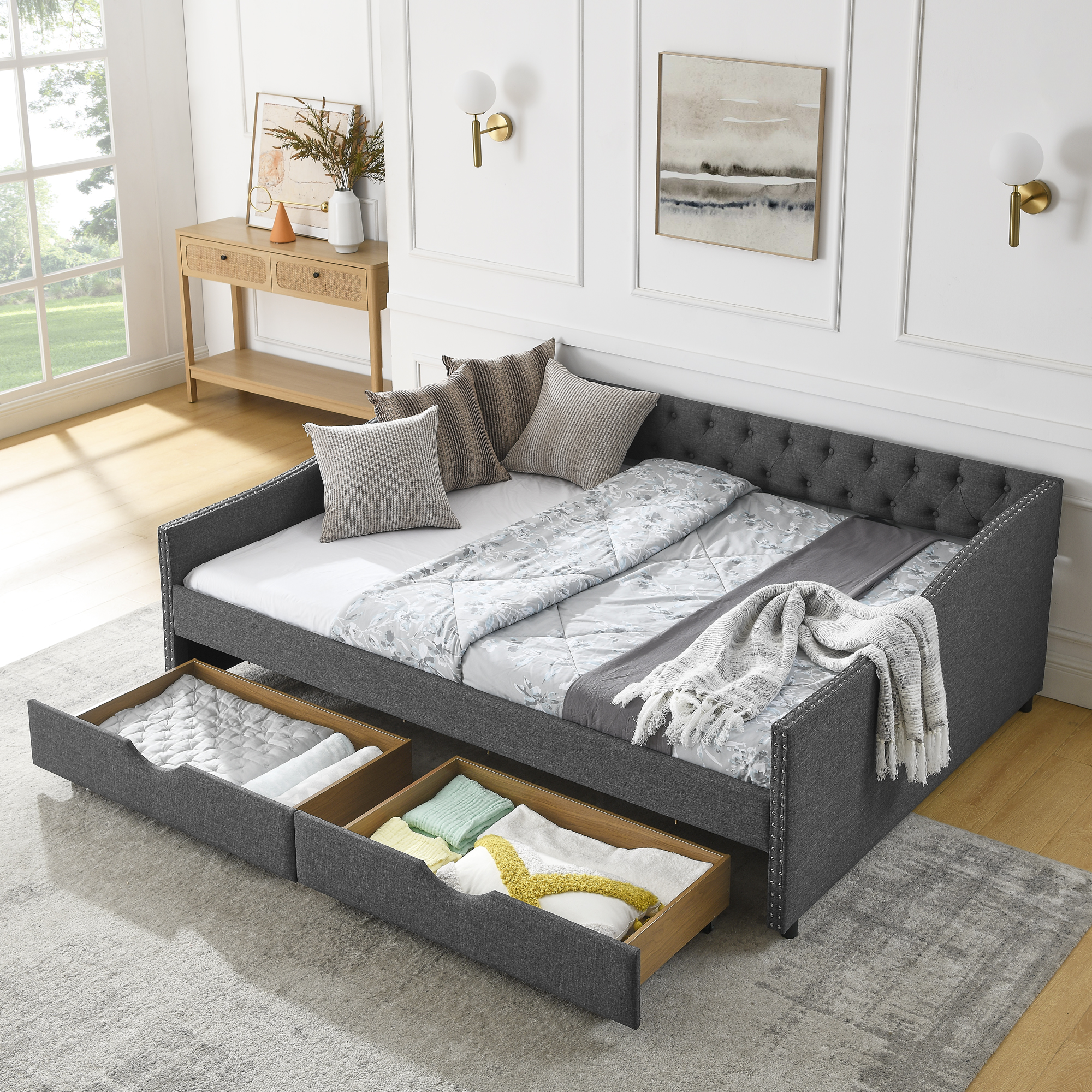 Queen Size Daybed with Drawers Upholstered Tufted Sofa Bed,,with Button on Back and Copper Nail on Waved Shape Arms(84.5"x63.5"x26.5") (OLD SKU: W1413S00034) - Image 2