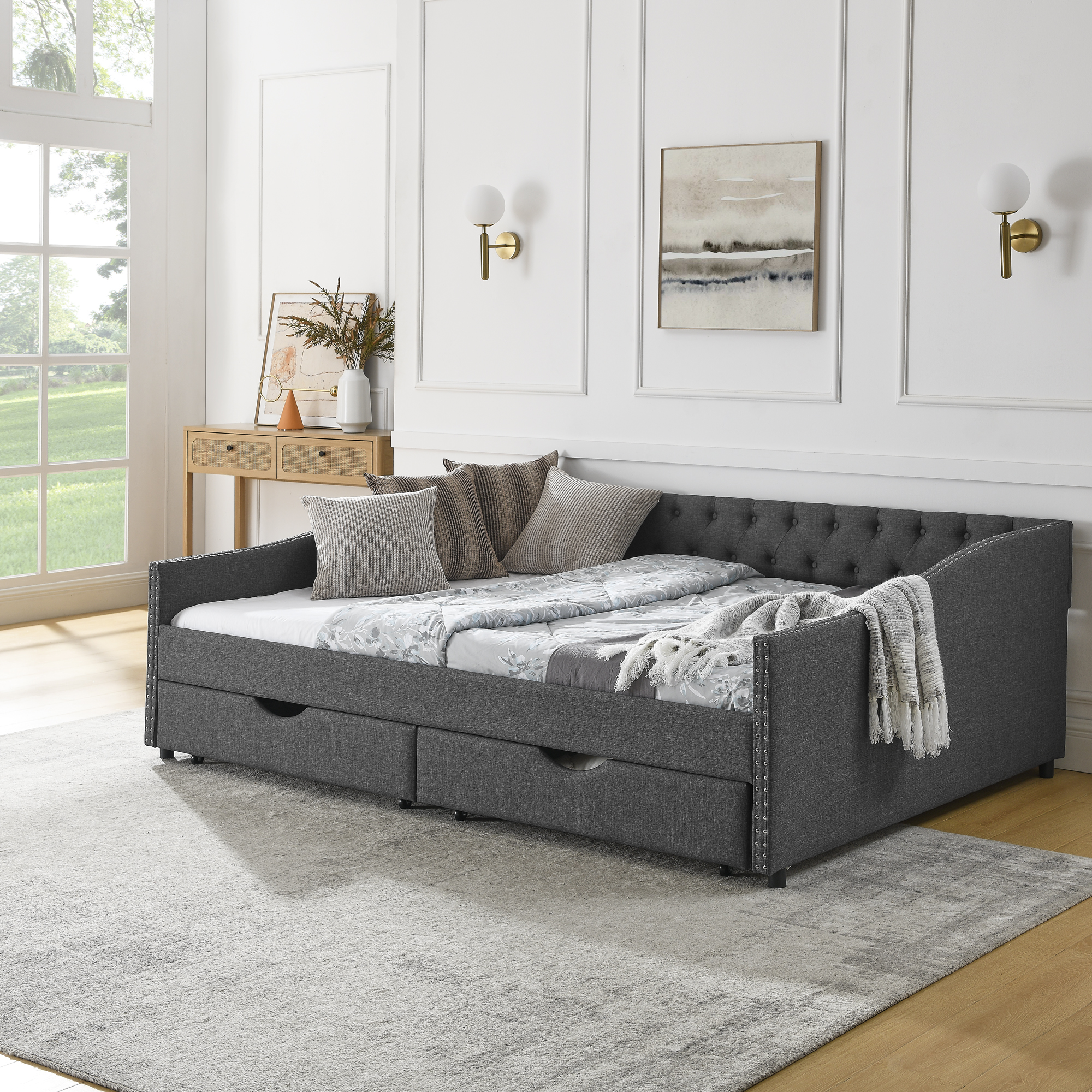 Queen Size Daybed with Drawers Upholstered Tufted Sofa Bed,,with Button on Back and Copper Nail on Waved Shape Arms(84.5"x63.5"x26.5") (OLD SKU: W1413S00034) - Image 3