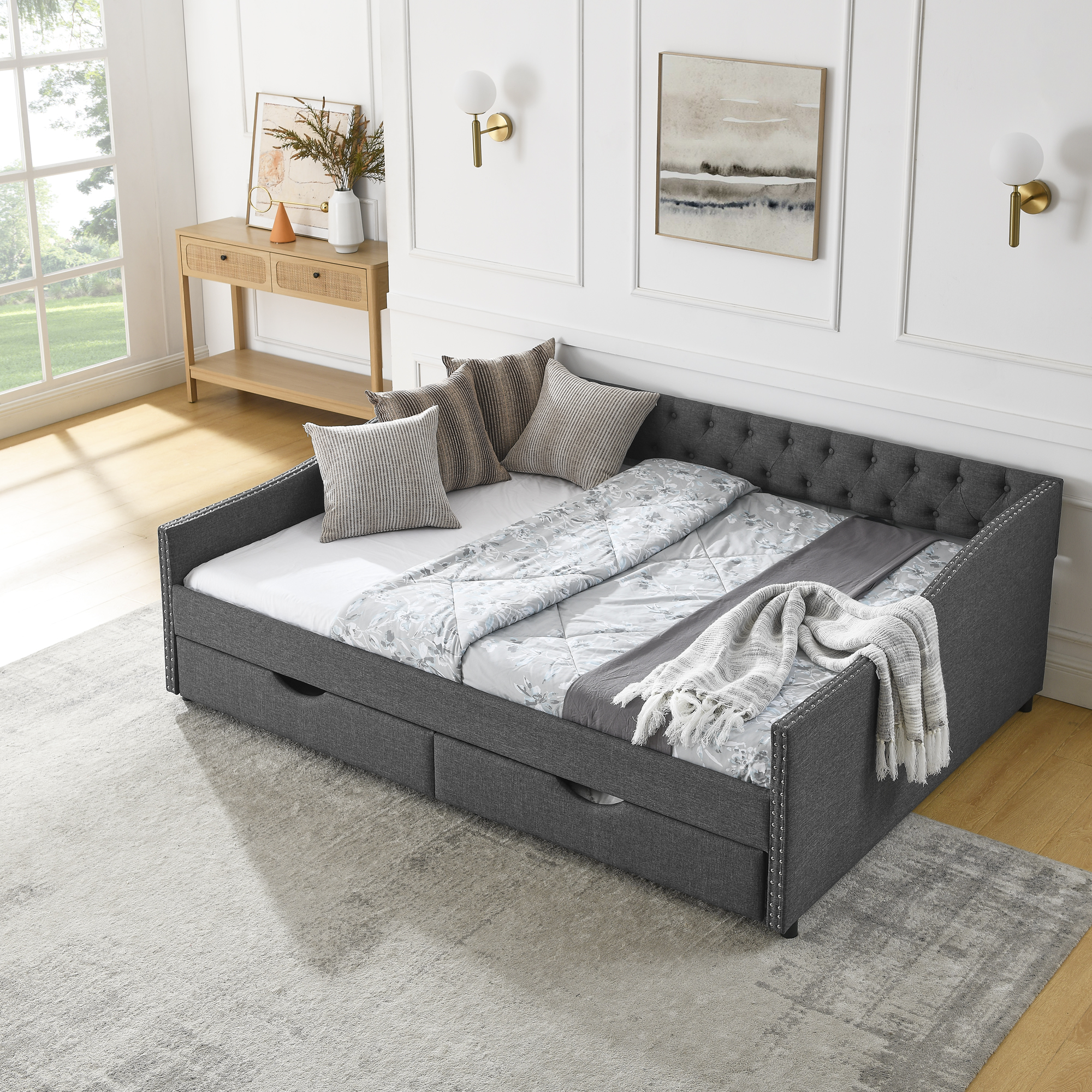 Queen Size Daybed with Drawers Upholstered Tufted Sofa Bed,,with Button on Back and Copper Nail on Waved Shape Arms(84.5"x63.5"x26.5") (OLD SKU: W1413S00034) - Image 4