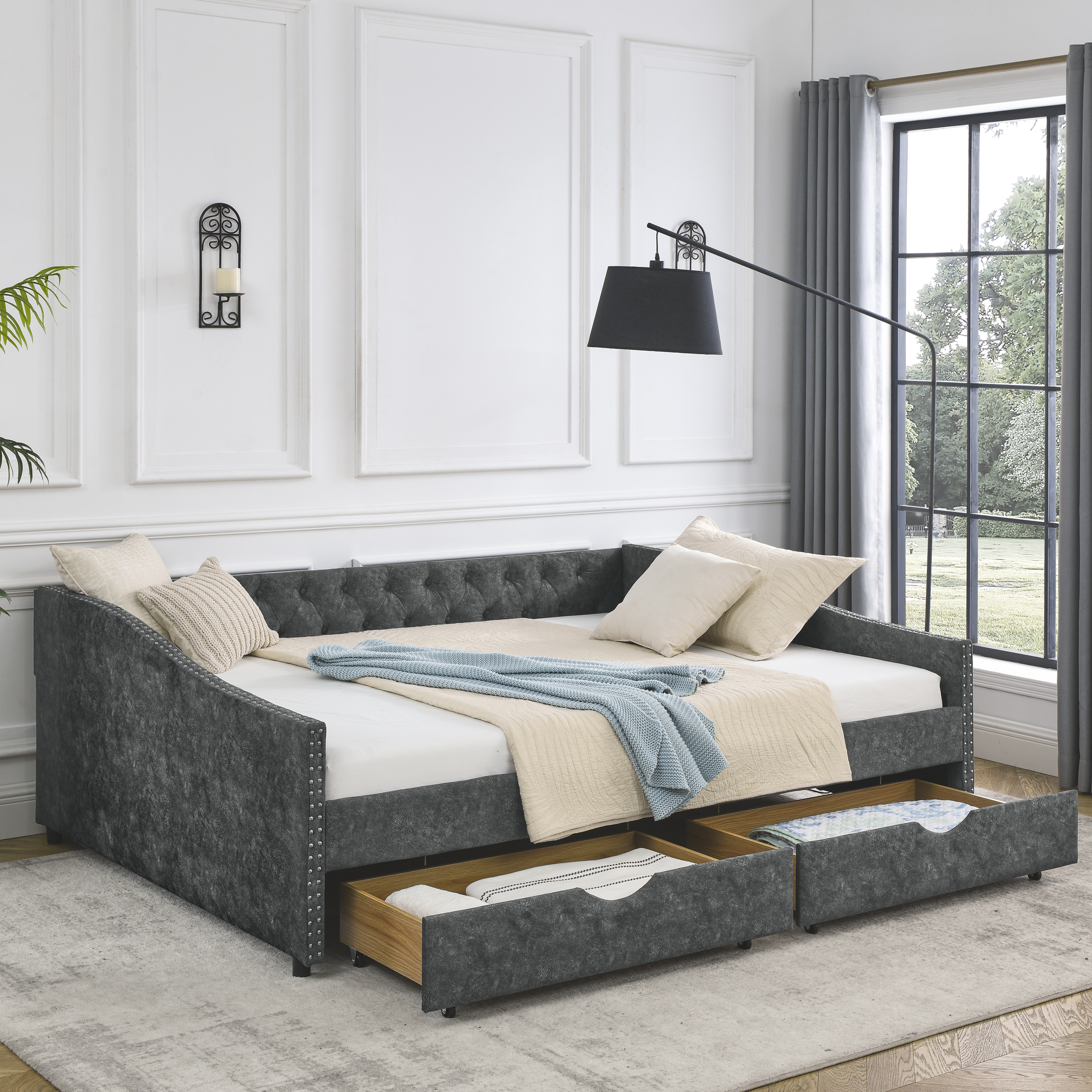 Queen Size Daybed with Drawers Upholstered Tufted Sofa Bed,,with Button on Back and Copper Nail on Waved Shape Arms, Grey (84.5"x63.5"x26.5") - Image 2