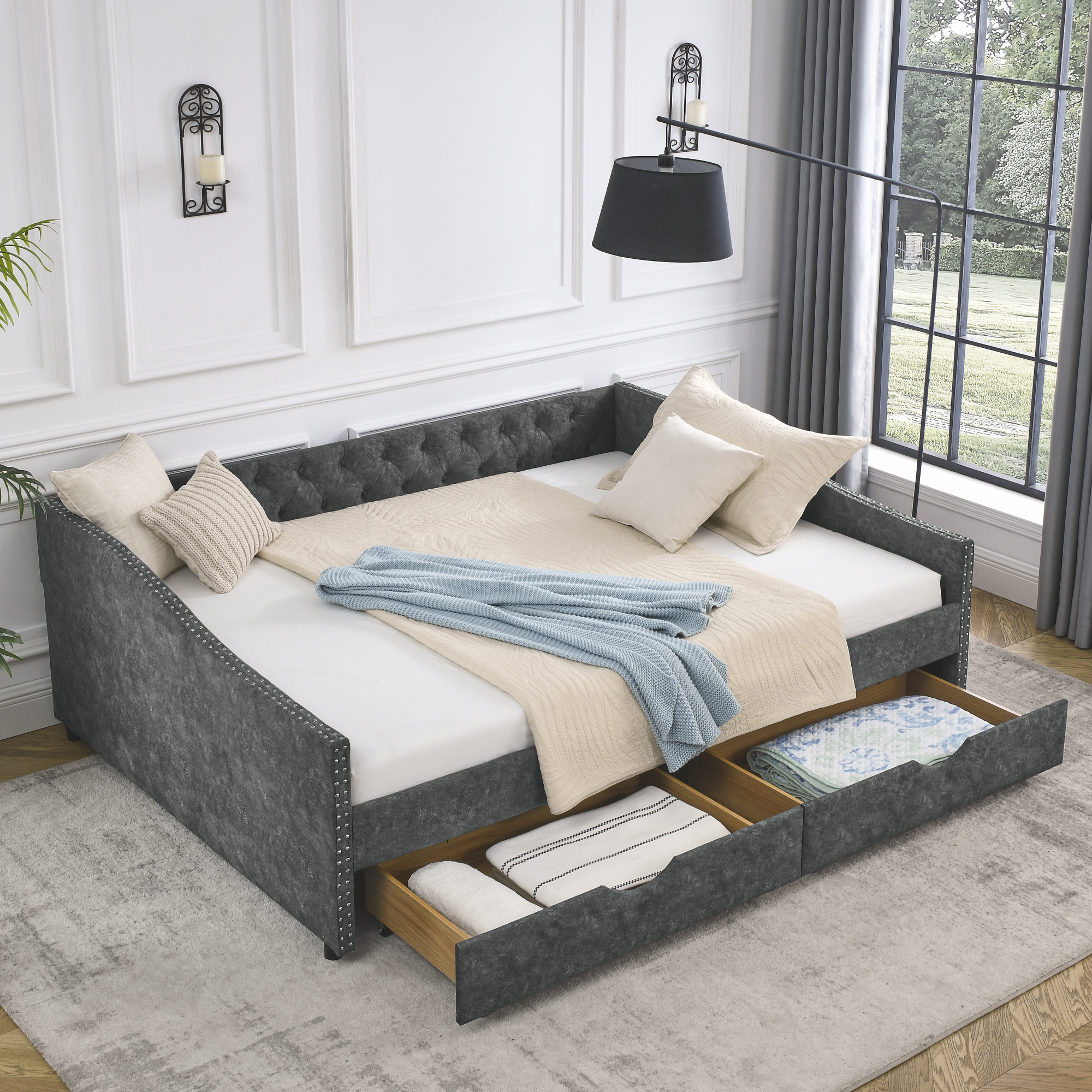 Queen Size Daybed with Drawers Upholstered Tufted Sofa Bed,,with Button on Back and Copper Nail on Waved Shape Arms, Grey (84.5"x63.5"x26.5") - Image 3