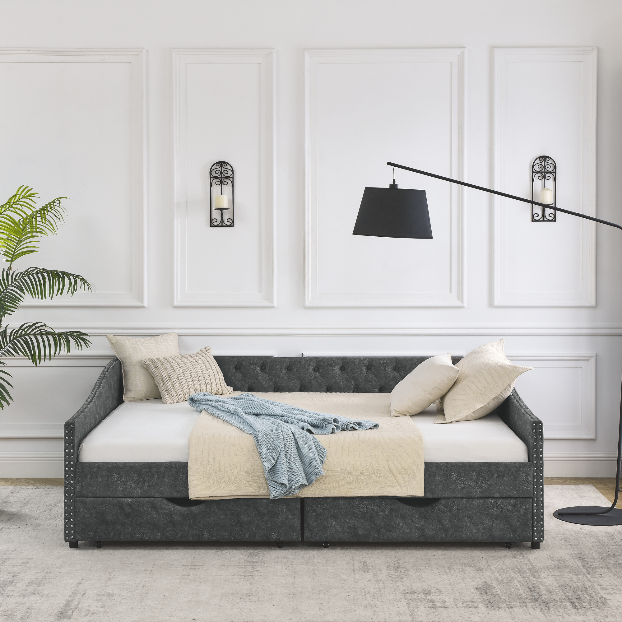Queen Size Daybed with Drawers Upholstered Tufted Sofa Bed,,with Button on Back and Copper Nail on Waved Shape Arms, Grey (84.5"x63.5"x26.5") - Image 5